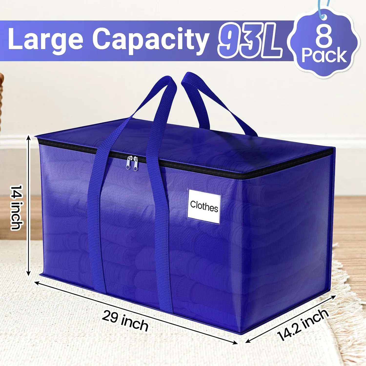 8 Pack Moving Storage Bags Heavy-Duty with Zippers and Reinforced Handles, Moving Supplies Packing Boxes for Moving, Storing, Saving Space, Blue Plastic Storage Totes 93 L (24 Gallon)
