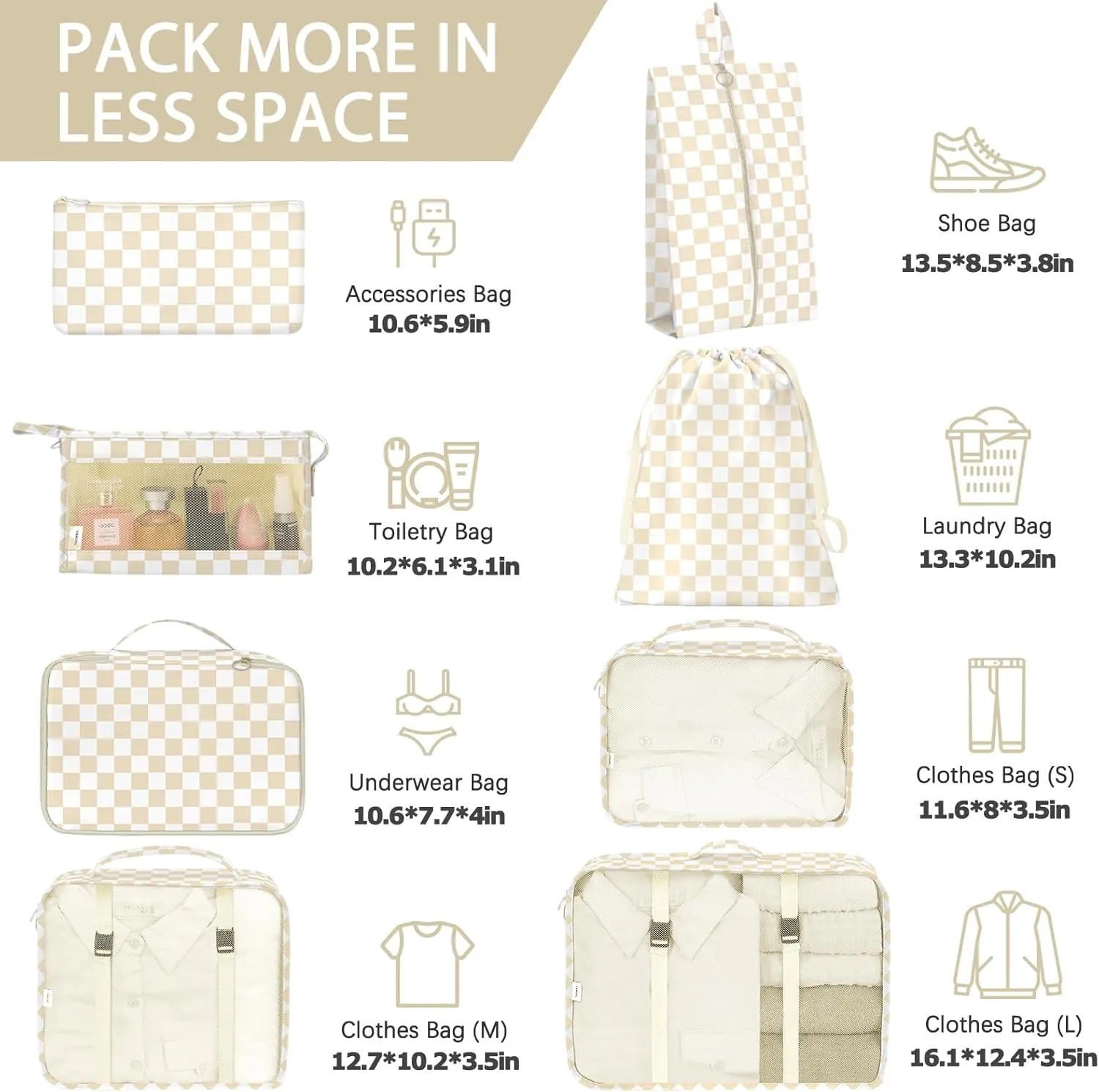 8 Set Packing Cubes for Travel, Luggage Packing Organizers Accessories Large Toiletries Bag for Clothes Shoes Cosmetics (Khaki Checkered)