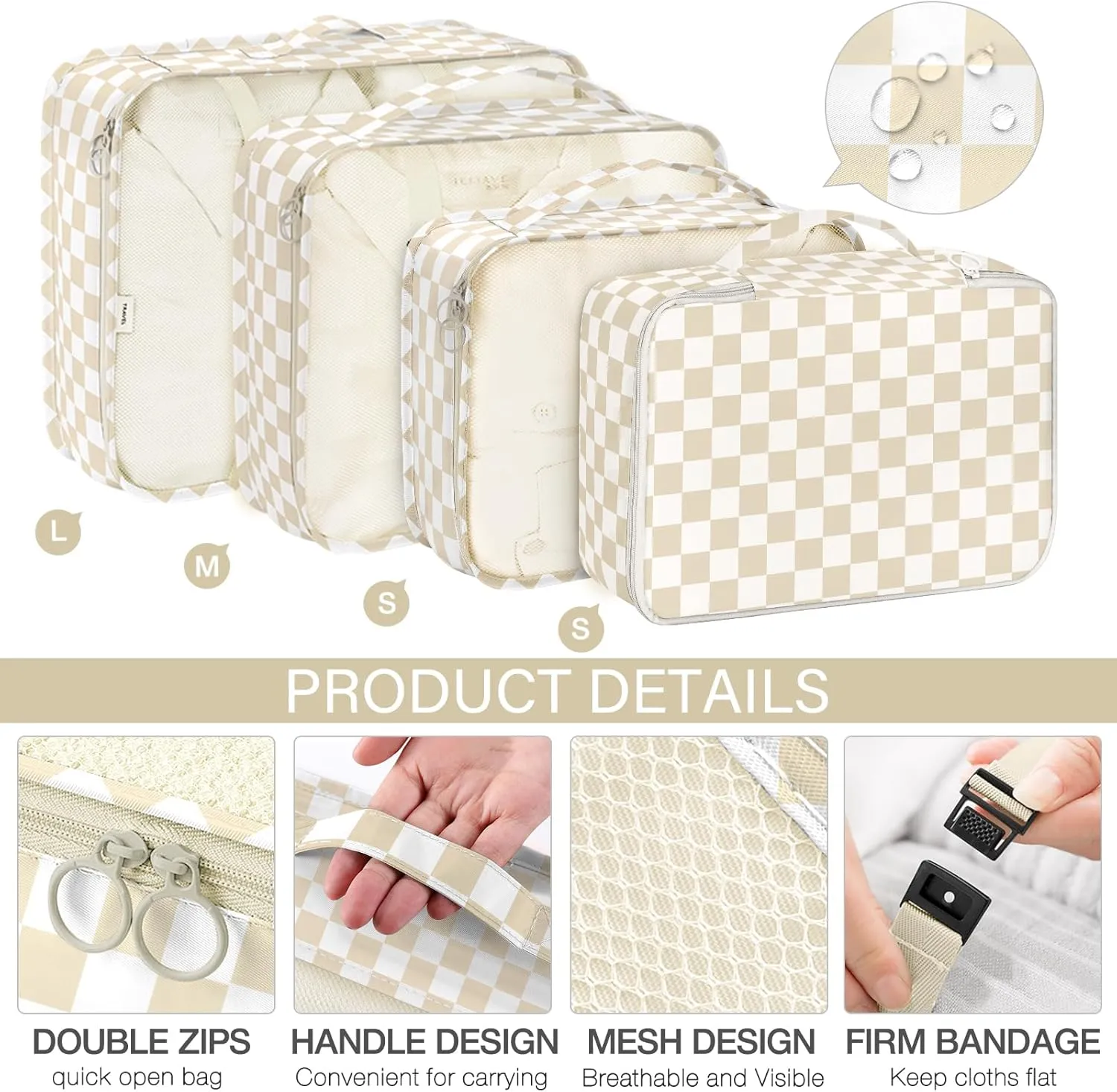 8 Set Packing Cubes for Travel, Luggage Packing Organizers Accessories Large Toiletries Bag for Clothes Shoes Cosmetics (Khaki Checkered)