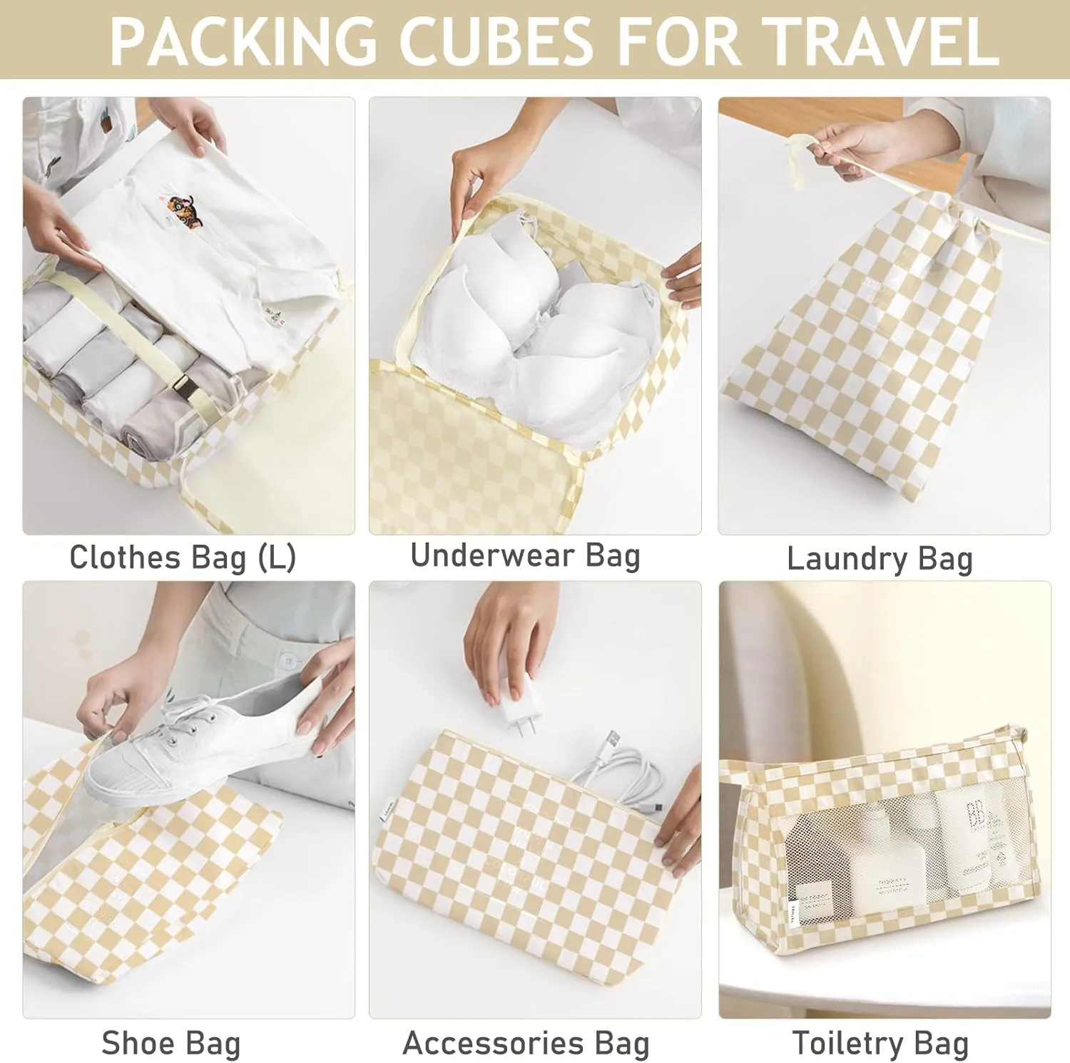 8 Set Packing Cubes for Travel, Luggage Packing Organizers Accessories Large Toiletries Bag for Clothes Shoes Cosmetics (Khaki Checkered)