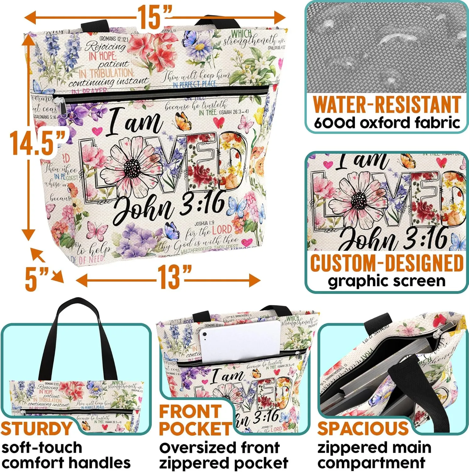 84hoods 15 inch Large Tote Bag for Work for Women. Christian Faith, Jesus God Religious Gift. Waterproof Shoulder Bag.