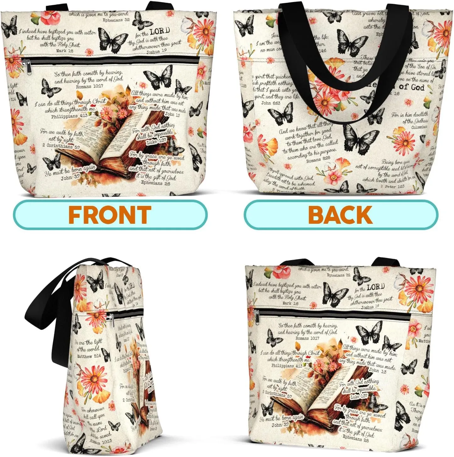 84hoods 15 inch Large Tote Bag for Work for Women. Christian Faith, Jesus God Religious Gift. Waterproof Shoulder Bag.