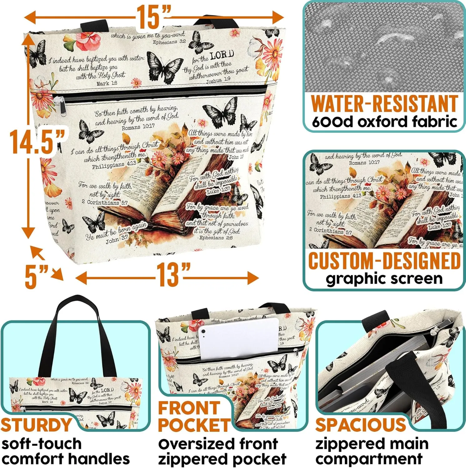 84hoods 15 inch Large Tote Bag for Work for Women. Christian Faith, Jesus God Religious Gift. Waterproof Shoulder Bag.