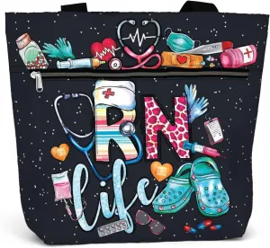 84hoods Aesthetic Tote Bag for Women. Gift for RN Registered Nurse. Large Shoulder Bag with Pockets and Zipper for Work.