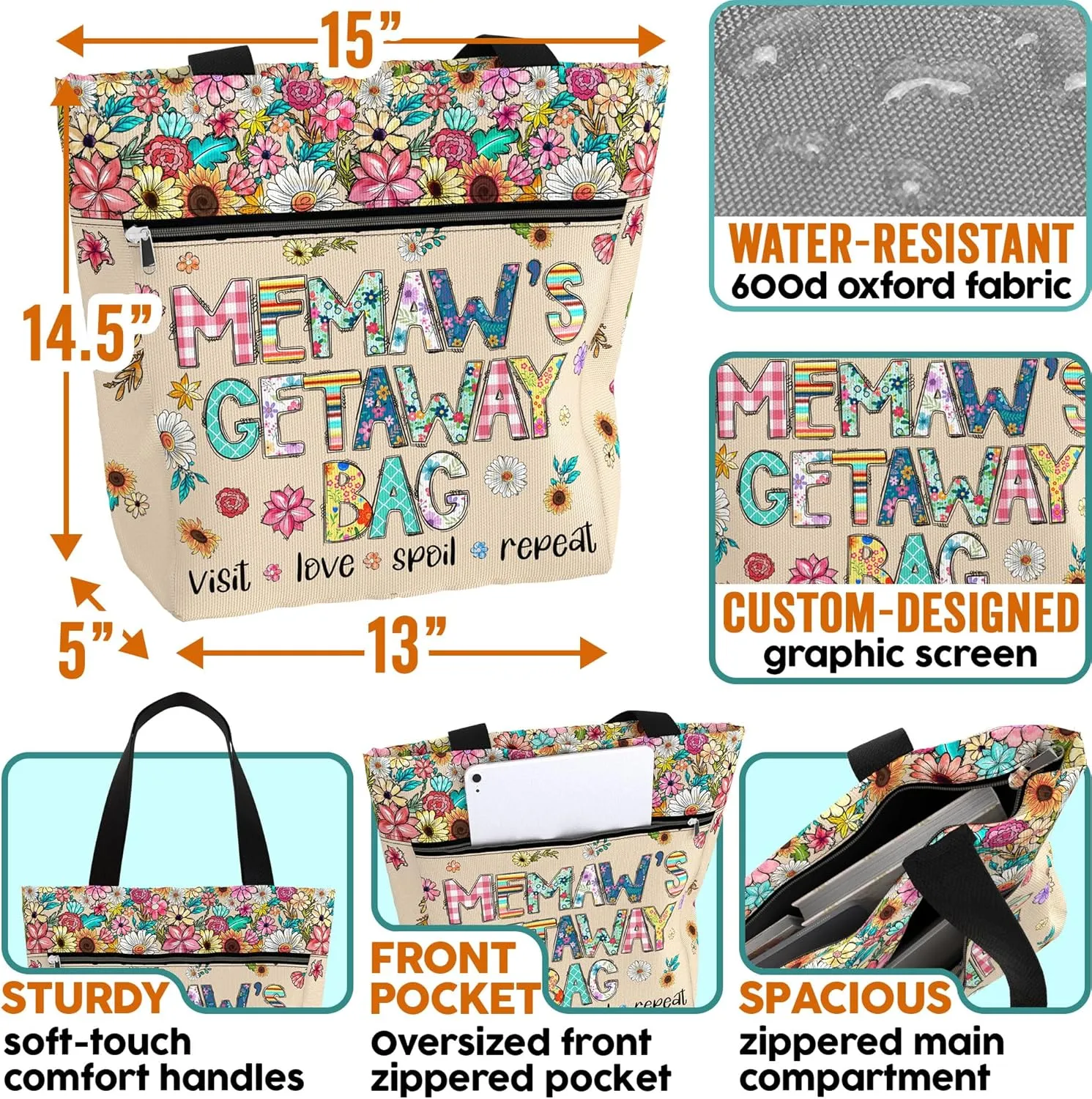 84hoods Aesthetic Tote Bag for Women. Shoulder Bag Grandma Gift for Grandmother. Travel Grocery Bag with Pockets, Zipper.