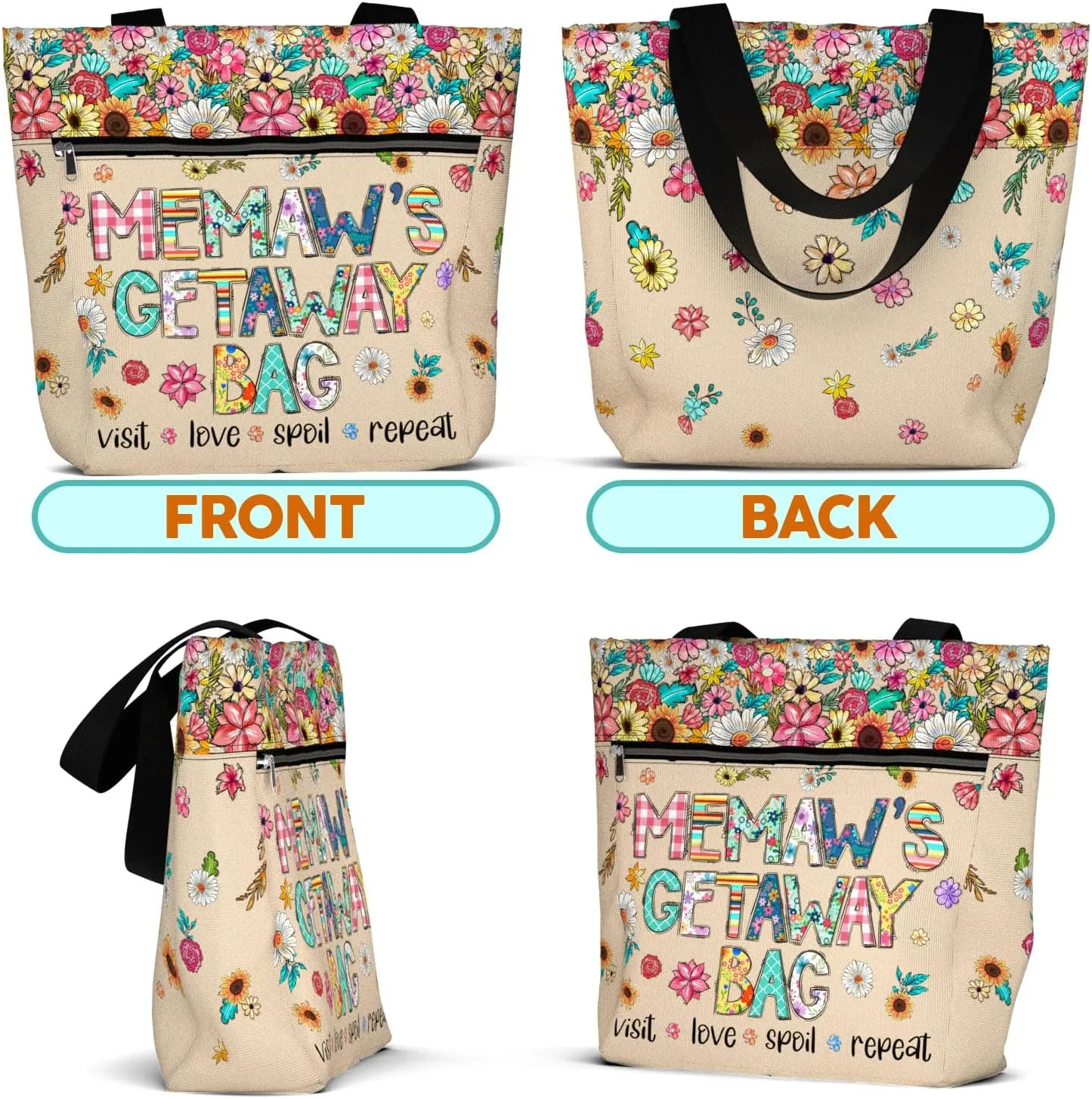 84hoods Aesthetic Tote Bag for Women. Shoulder Bag Grandma Gift for Grandmother. Travel Grocery Bag with Pockets, Zipper.