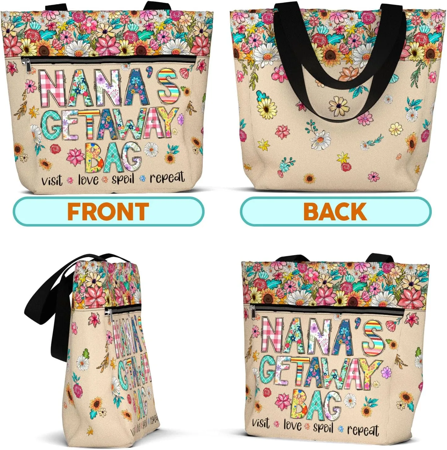 84hoods Aesthetic Tote Bag for Women. Shoulder Bag Grandma Gift for Grandmother. Travel Grocery Bag with Pockets, Zipper.