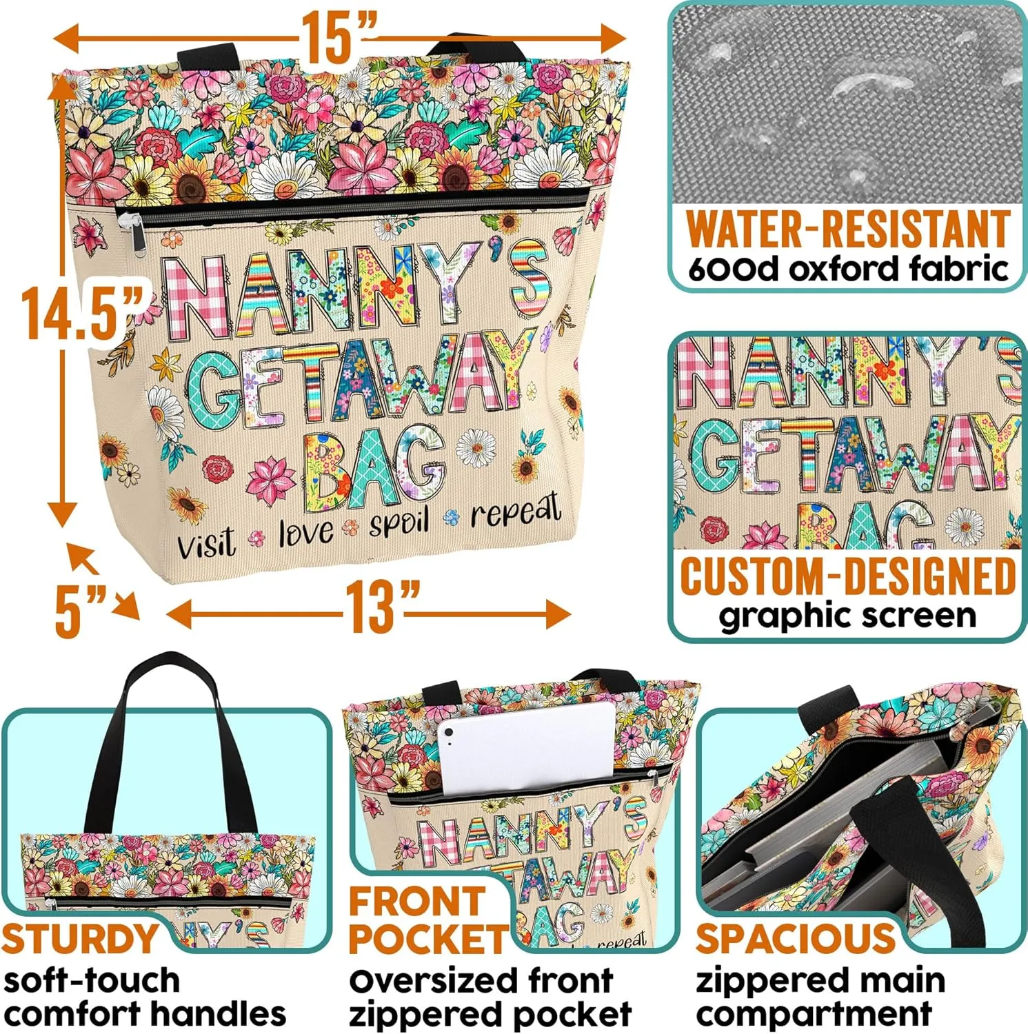 84hoods Aesthetic Tote Bag for Women. Shoulder Bag Grandma Gift for Grandmother. Travel Grocery Bag with Pockets, Zipper.
