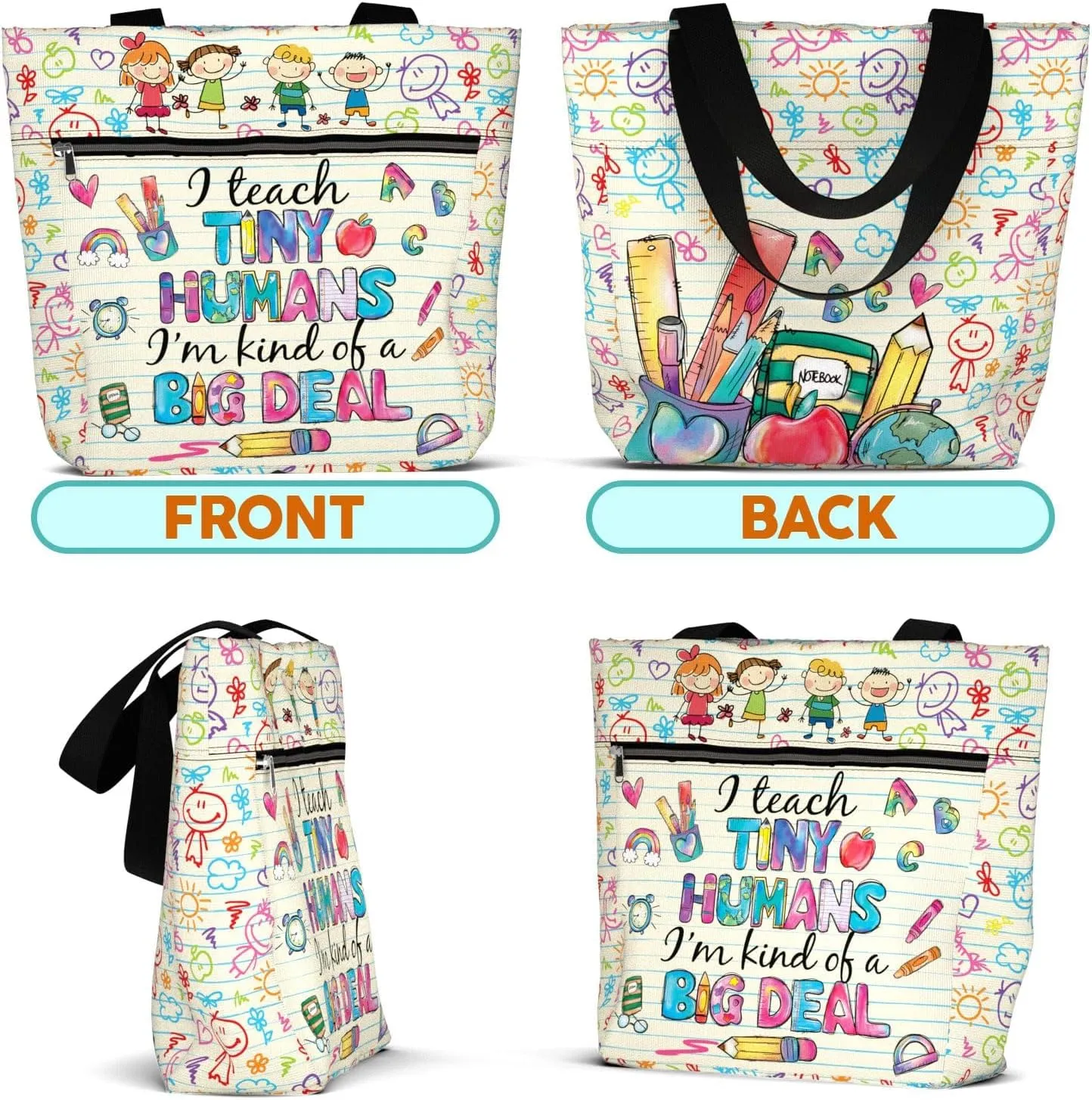 84hoods Large Tote Bag for Women Teacher. Aesthetic Shoulder Bag with Pockets and Zipper for Work. Gift for Teacher.