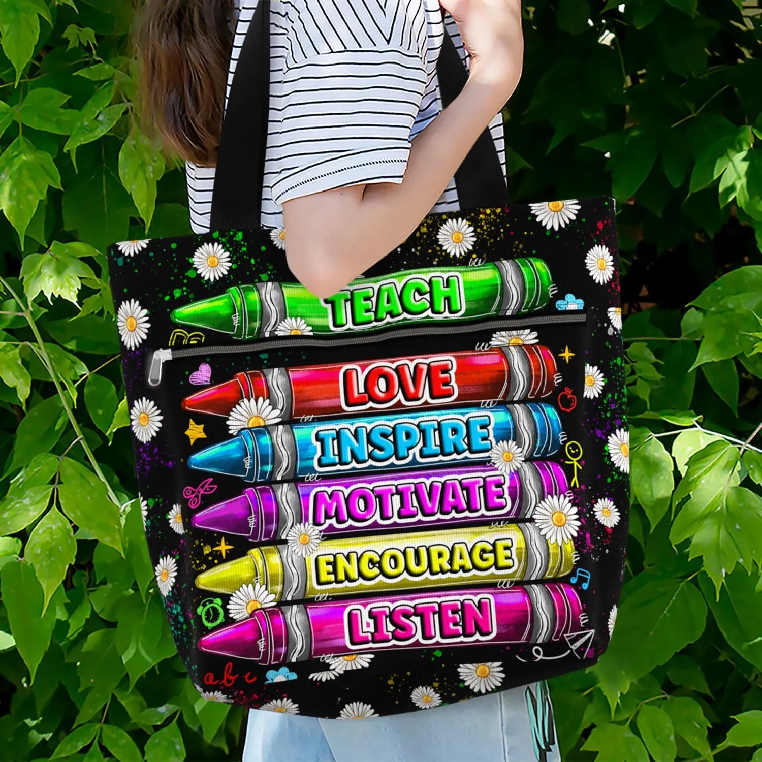 84hoods Large Tote Bag for Women Teacher. Aesthetic Shoulder Bag with Pockets and Zipper for Work. Gift for Teacher.