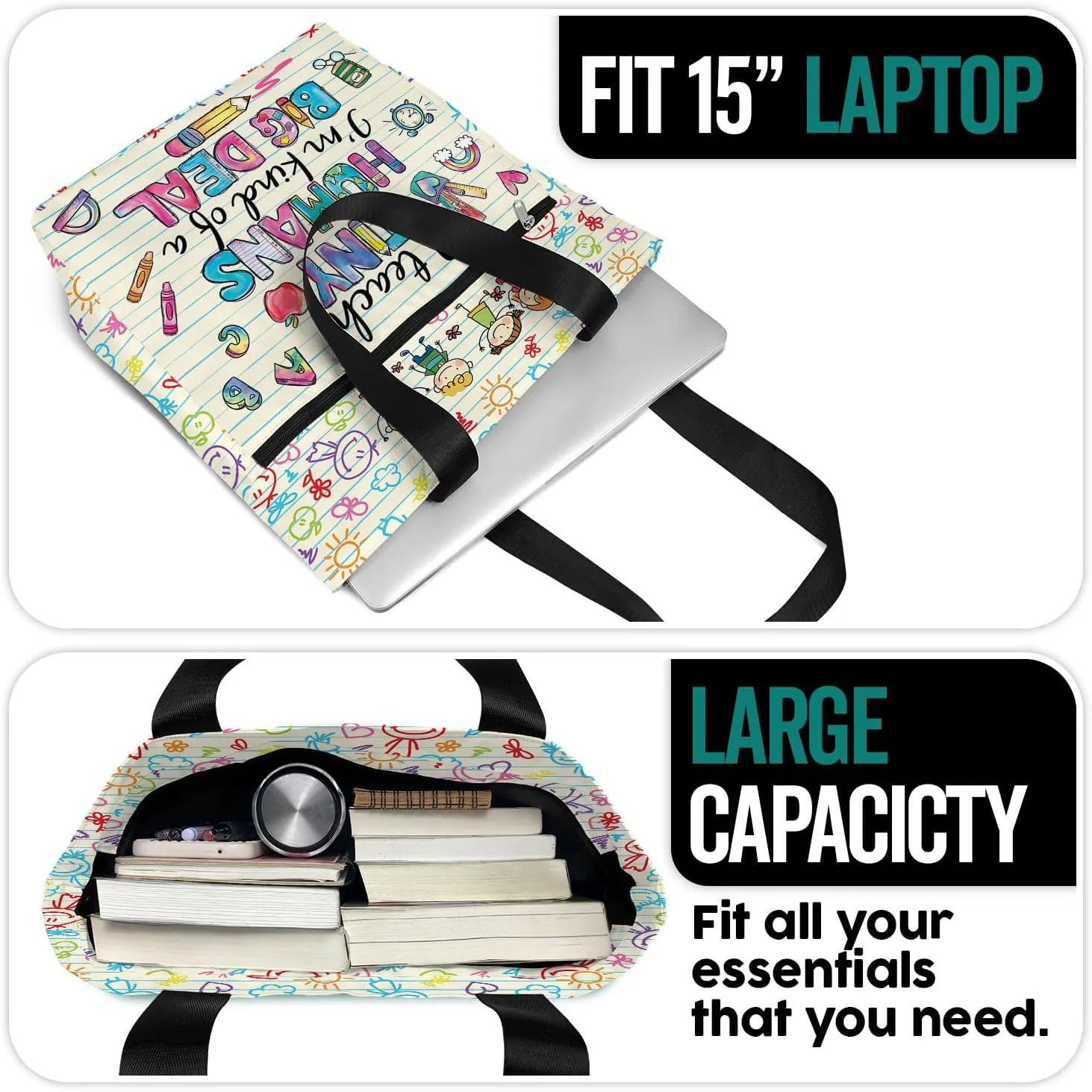 84hoods Large Tote Bag for Women Teacher. Aesthetic Shoulder Bag with Pockets and Zipper for Work. Gift for Teacher.
