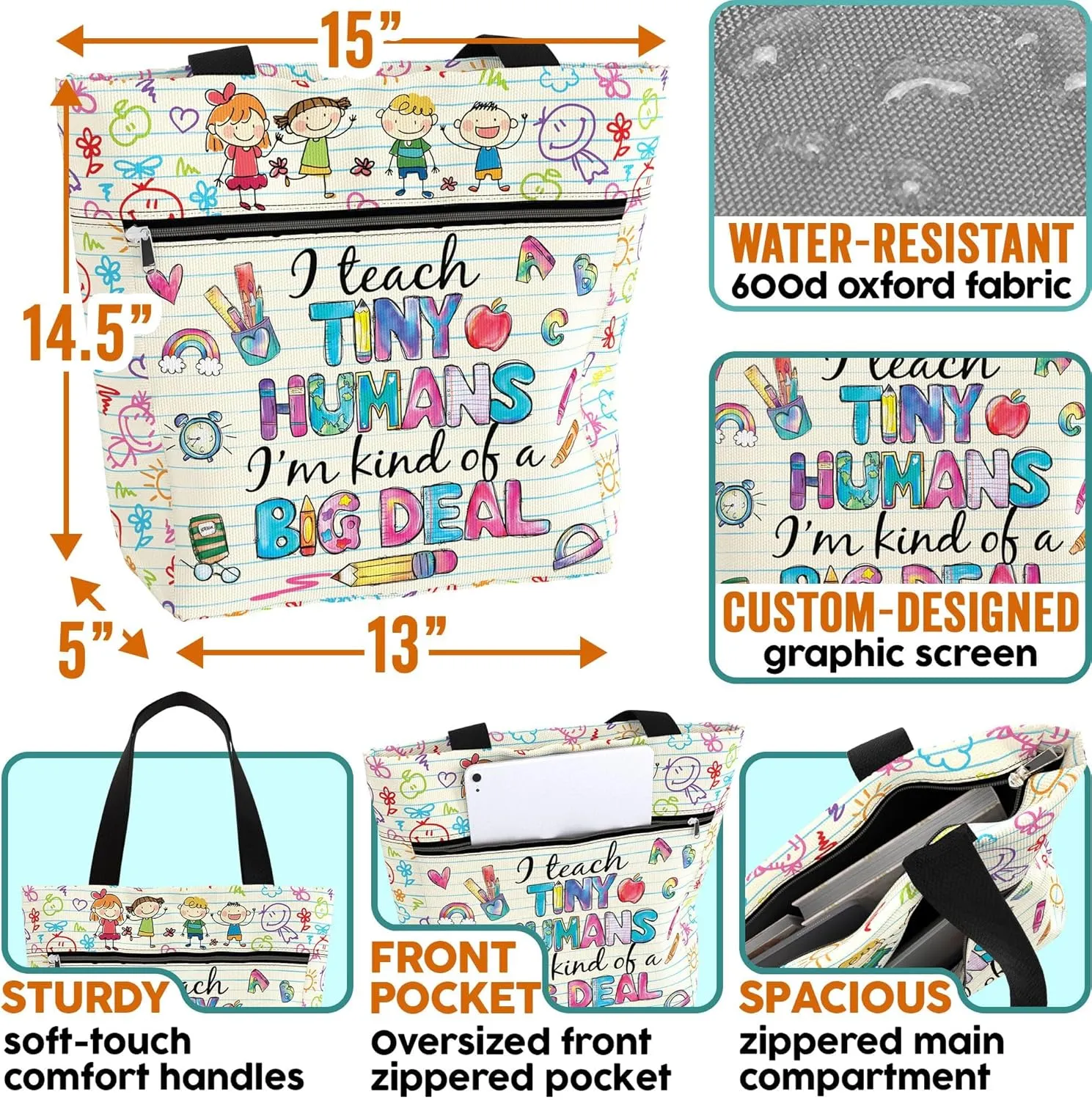 84hoods Large Tote Bag for Women Teacher. Aesthetic Shoulder Bag with Pockets and Zipper for Work. Gift for Teacher.