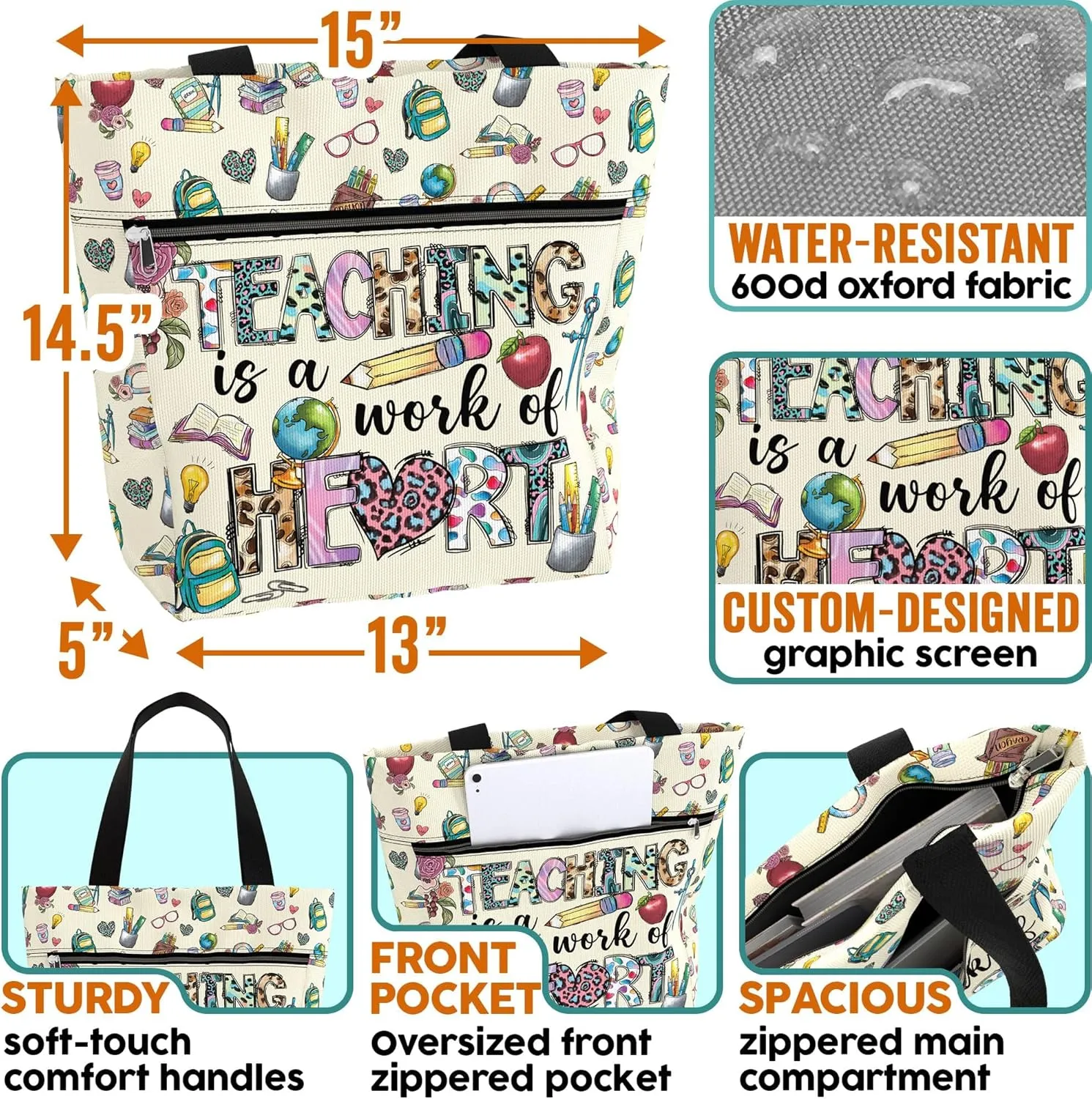 84hoods Large Tote Bag for Women Teacher. Aesthetic Shoulder Bag with Pockets and Zipper for Work. Gift for Teacher.