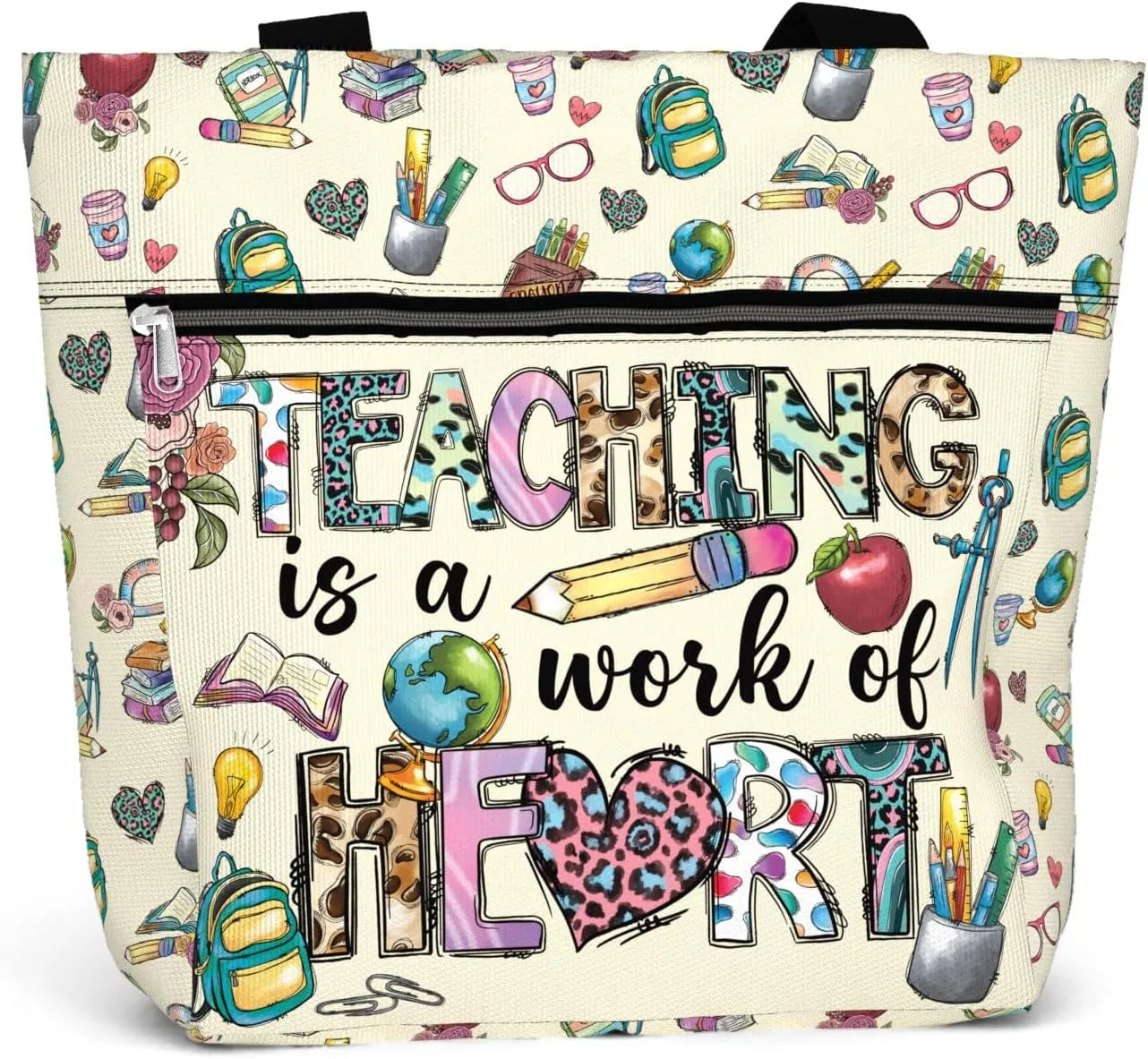 84hoods Large Tote Bag for Women Teacher. Aesthetic Shoulder Bag with Pockets and Zipper for Work. Gift for Teacher.