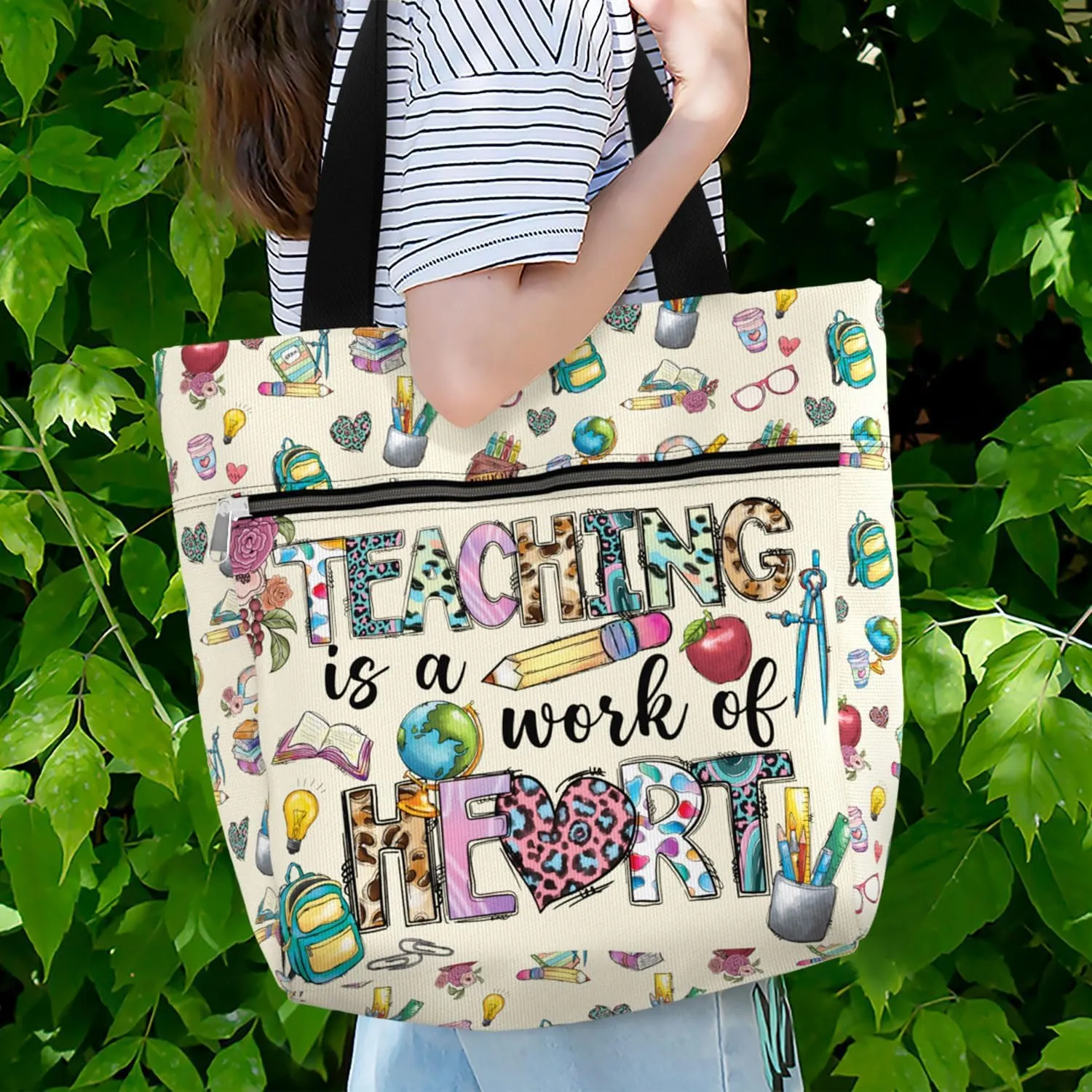 84hoods Large Tote Bag for Women Teacher. Aesthetic Shoulder Bag with Pockets and Zipper for Work. Gift for Teacher.