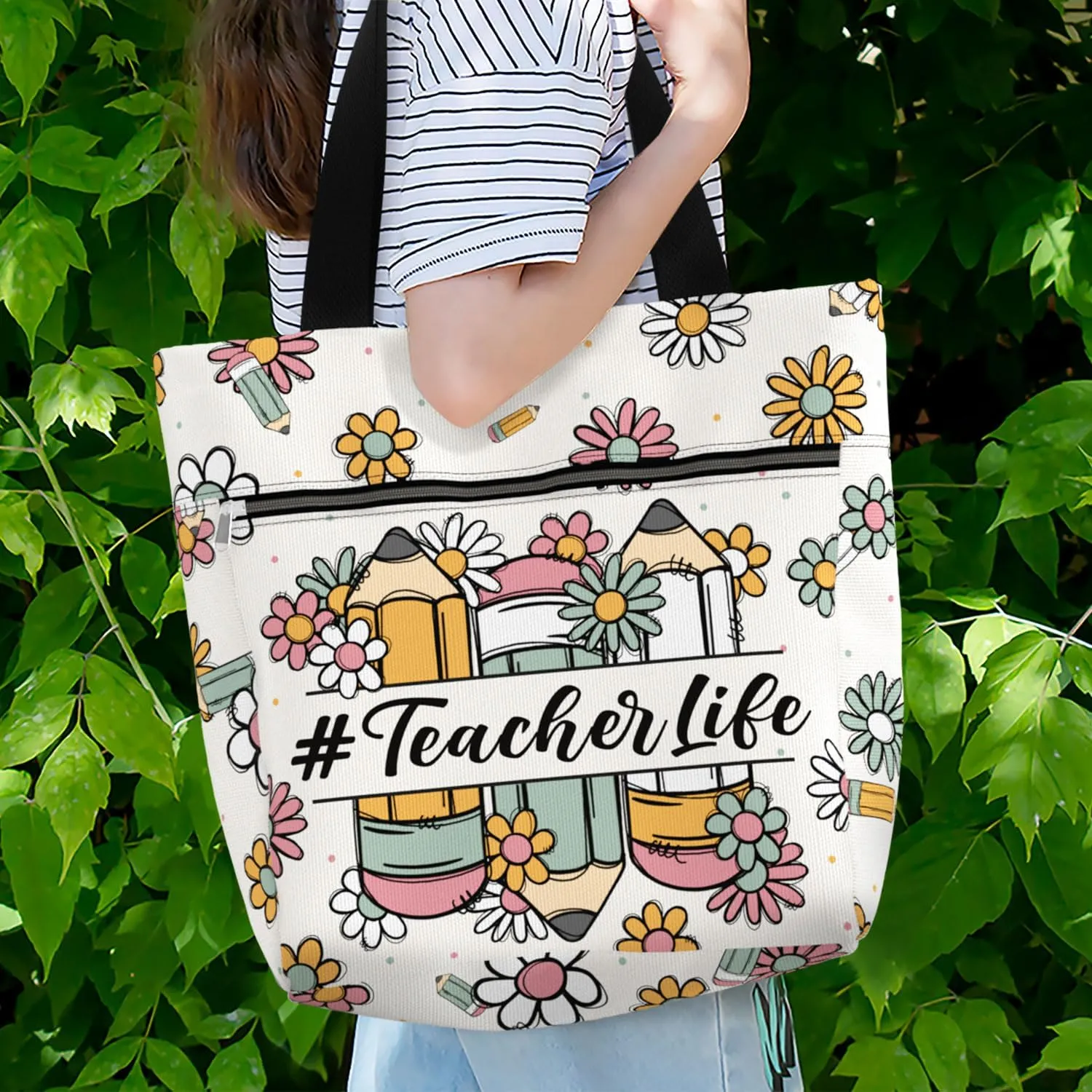 84hoods Large Tote Bag for Women Teacher. Aesthetic Shoulder Bag with Pockets and Zipper for Work. Gift for Teacher.