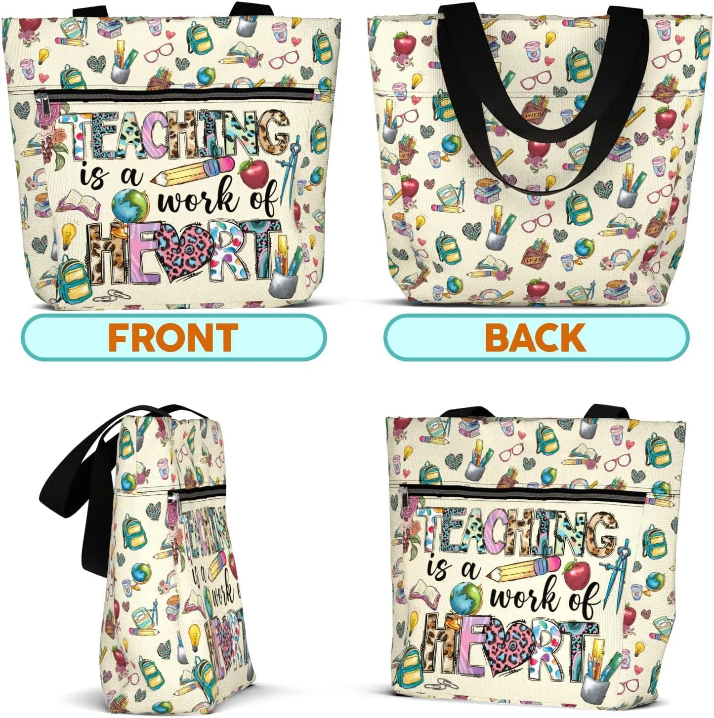 84hoods Large Tote Bag for Women Teacher. Aesthetic Shoulder Bag with Pockets and Zipper for Work. Gift for Teacher.