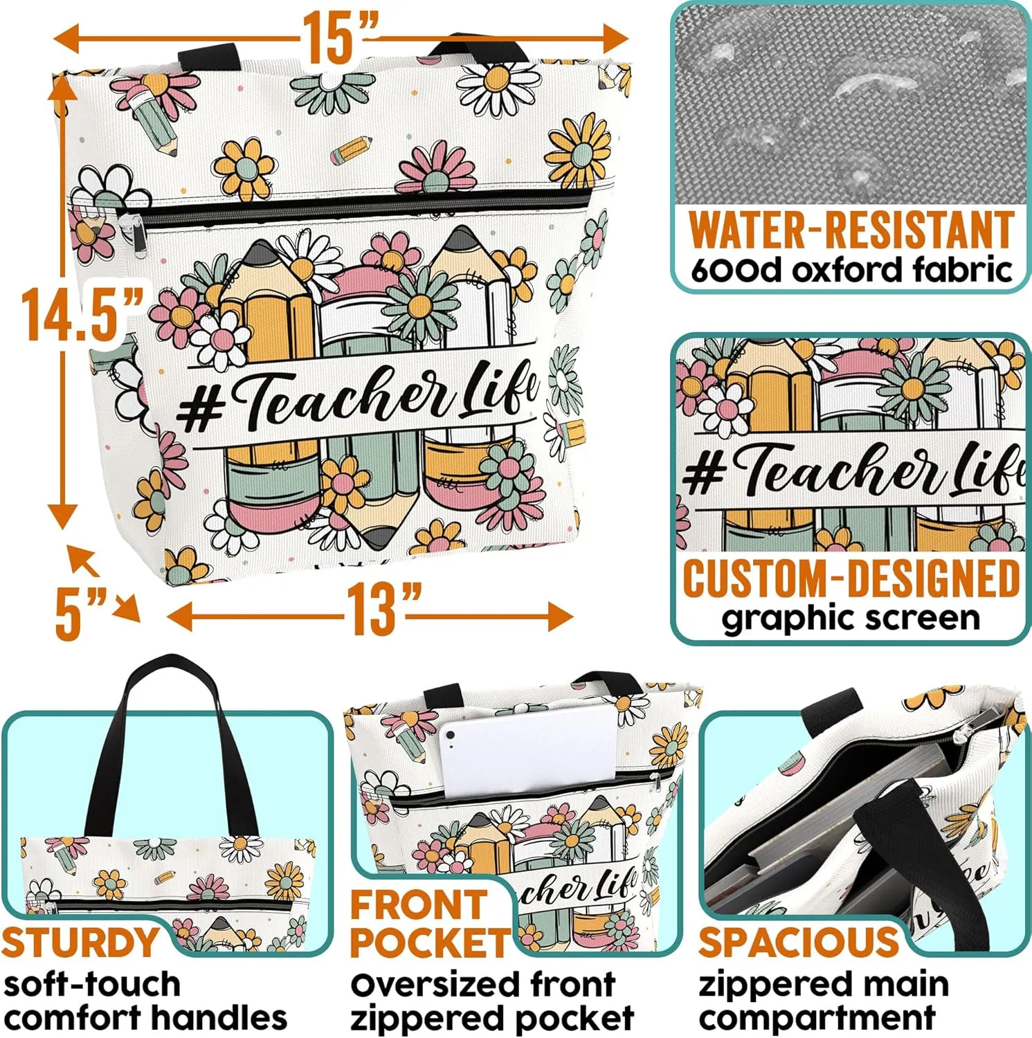 84hoods Large Tote Bag for Women Teacher. Aesthetic Shoulder Bag with Pockets and Zipper for Work. Gift for Teacher.