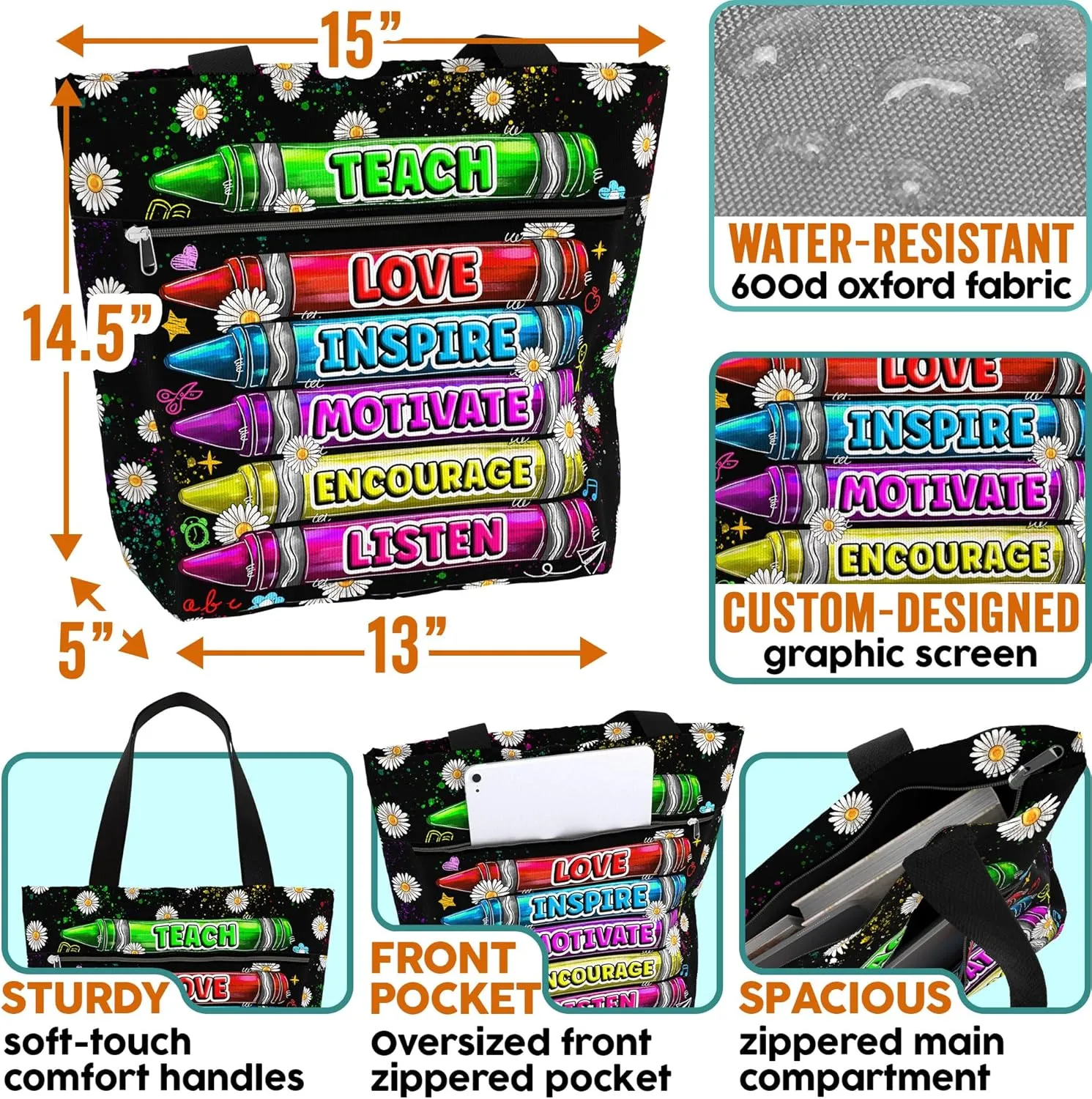 84hoods Large Tote Bag for Women Teacher. Aesthetic Shoulder Bag with Pockets and Zipper for Work. Gift for Teacher.