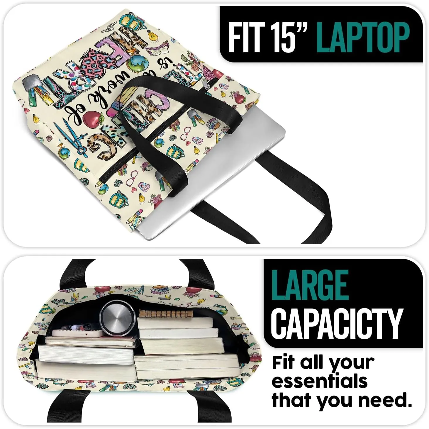 84hoods Large Tote Bag for Women Teacher. Aesthetic Shoulder Bag with Pockets and Zipper for Work. Gift for Teacher.