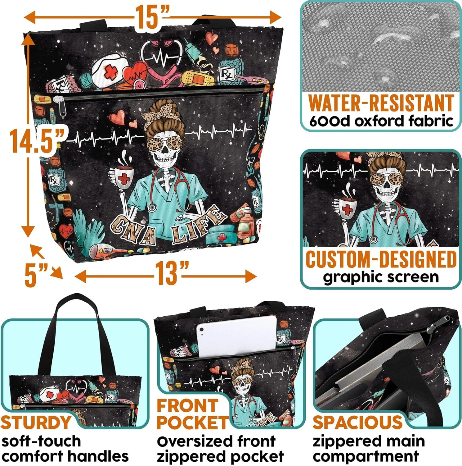 84hoods Large Tote Bag for Work for Women. Waterproof Shoulder Bag with Pockets and Zipper. Gift for CNA Nurse.