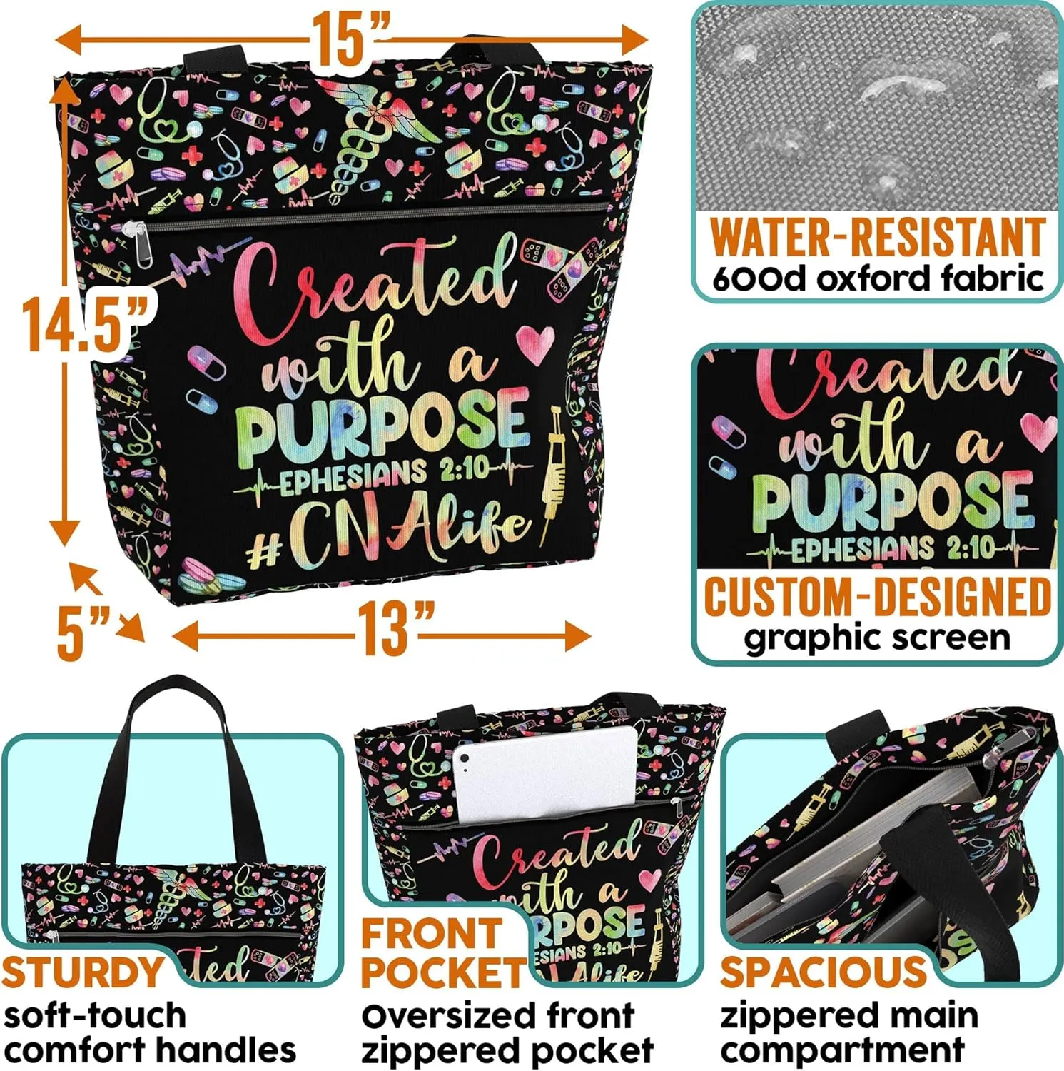 84hoods Large Tote Bag for Work for Women. Waterproof Shoulder Bag with Pockets and Zipper. Gift for CNA Nurse.