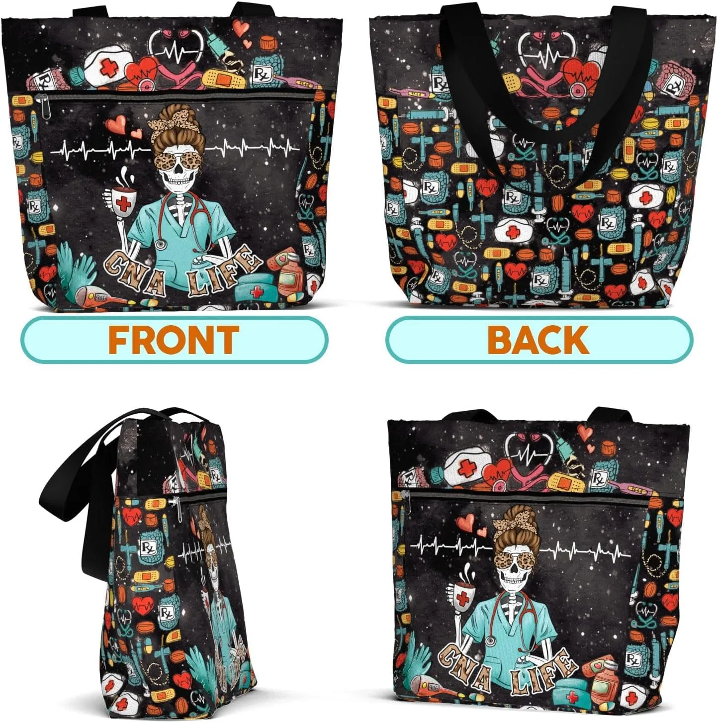 84hoods Large Tote Bag for Work for Women. Waterproof Shoulder Bag with Pockets and Zipper. Gift for CNA Nurse.