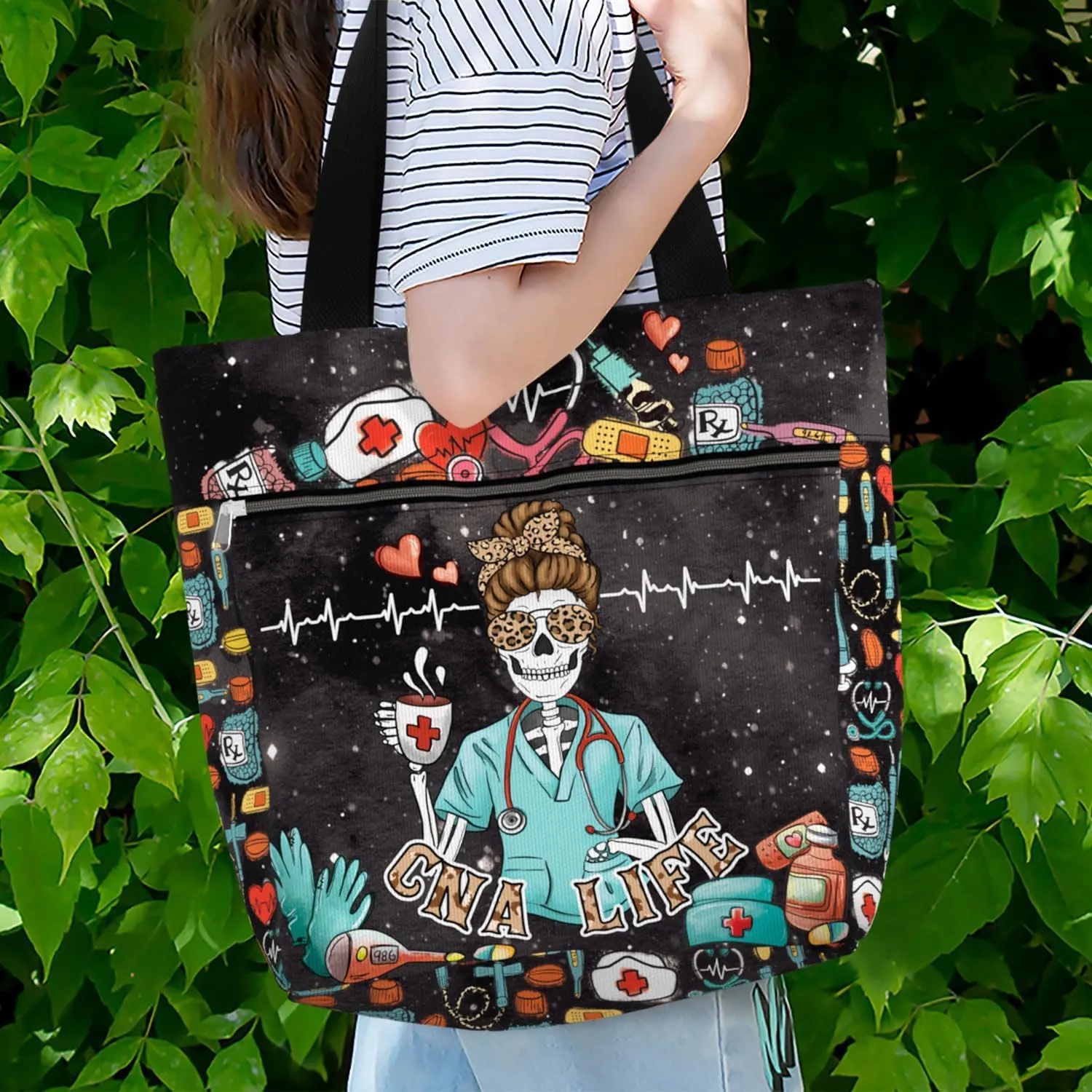 84hoods Large Tote Bag for Work for Women. Waterproof Shoulder Bag with Pockets and Zipper. Gift for CNA Nurse.