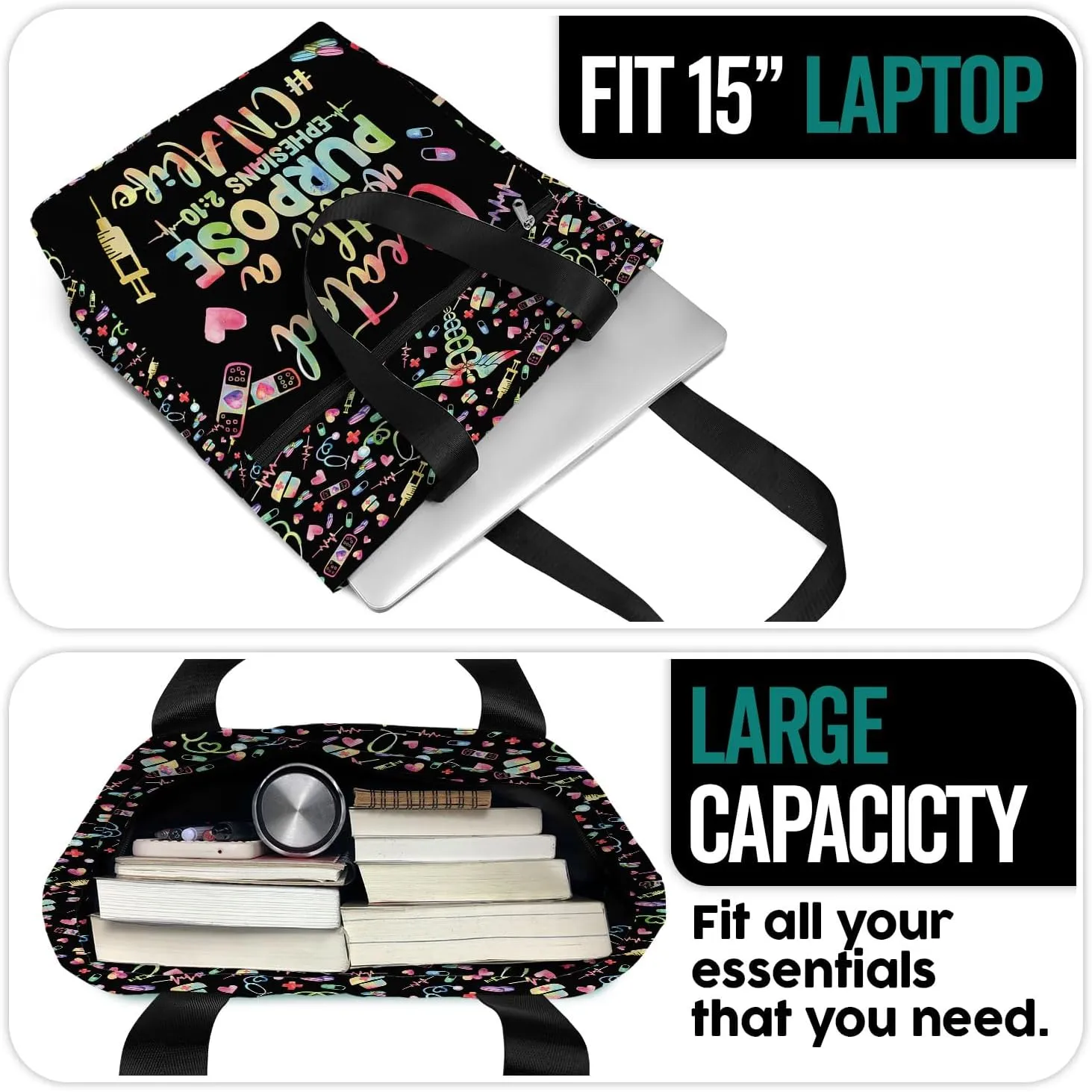 84hoods Large Tote Bag for Work for Women. Waterproof Shoulder Bag with Pockets and Zipper. Gift for CNA Nurse.