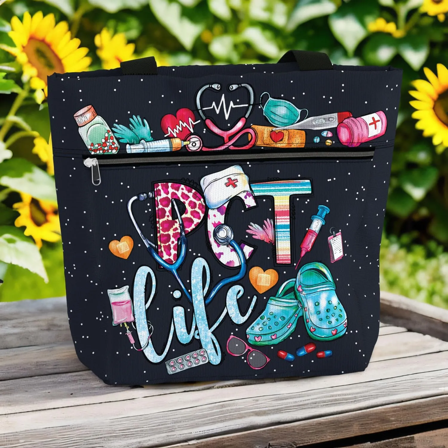 84hoods Large Waterproof Tote Bag with Pockets and Zipper for Work. Gift for Nurse. Shoulder Bag for Women.