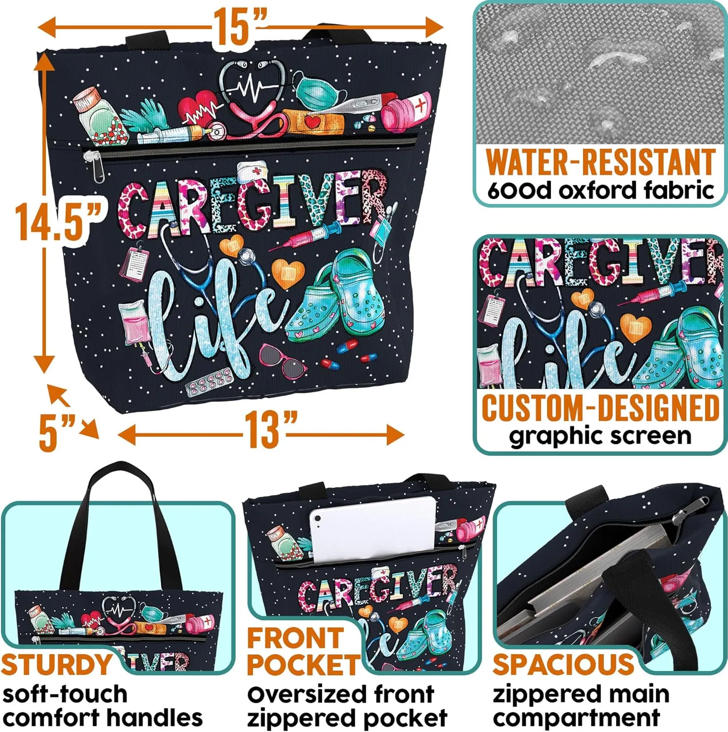 84hoods Large Waterproof Tote Bag with Pockets and Zipper for Work. Gift for Nurse. Shoulder Bag for Women.