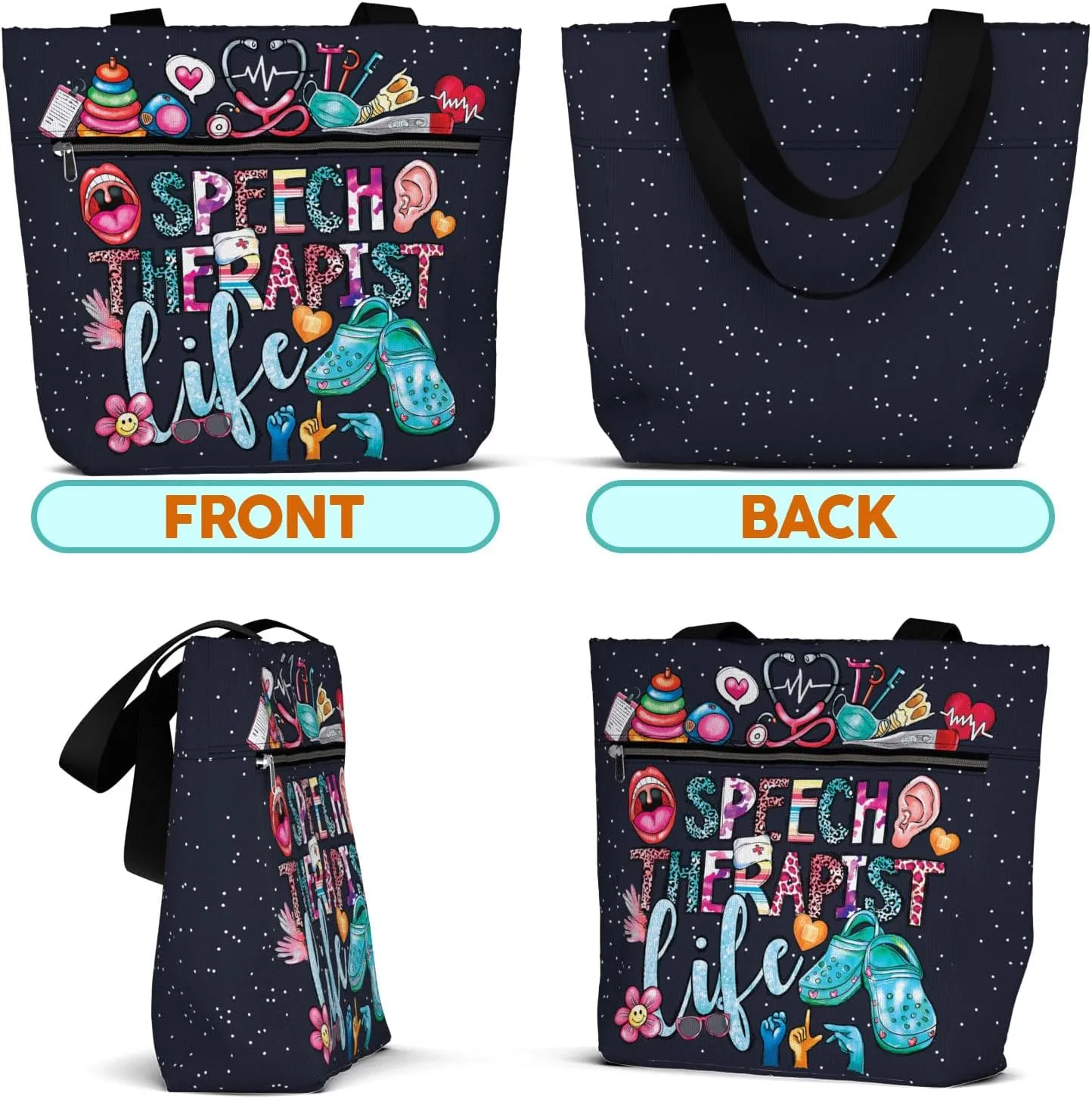 84hoods Large Waterproof Tote Bag with Pockets and Zipper for Work. Gift for Nurse. Shoulder Bag for Women.