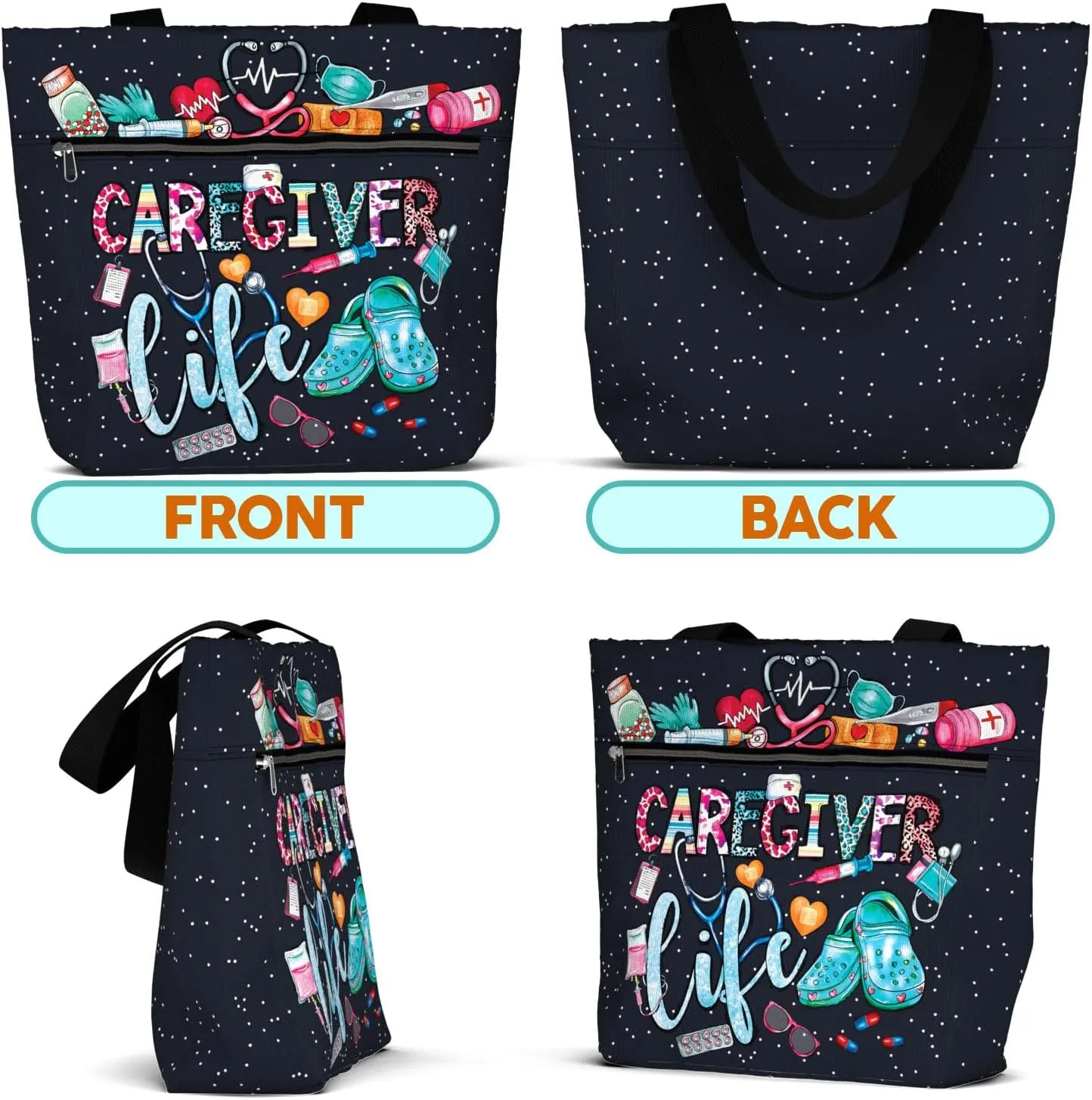 84hoods Large Waterproof Tote Bag with Pockets and Zipper for Work. Gift for Nurse. Shoulder Bag for Women.