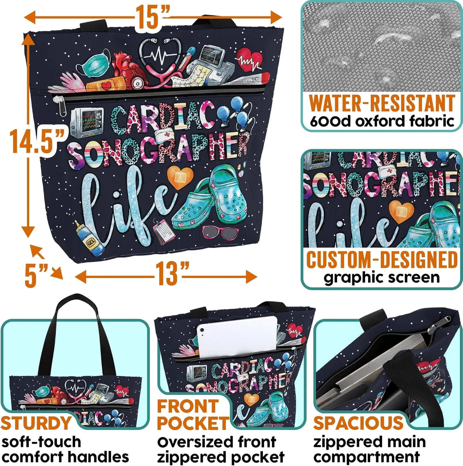 84hoods Large Waterproof Tote Bag with Pockets and Zipper for Work. Gift for Nurse. Shoulder Bag for Women.