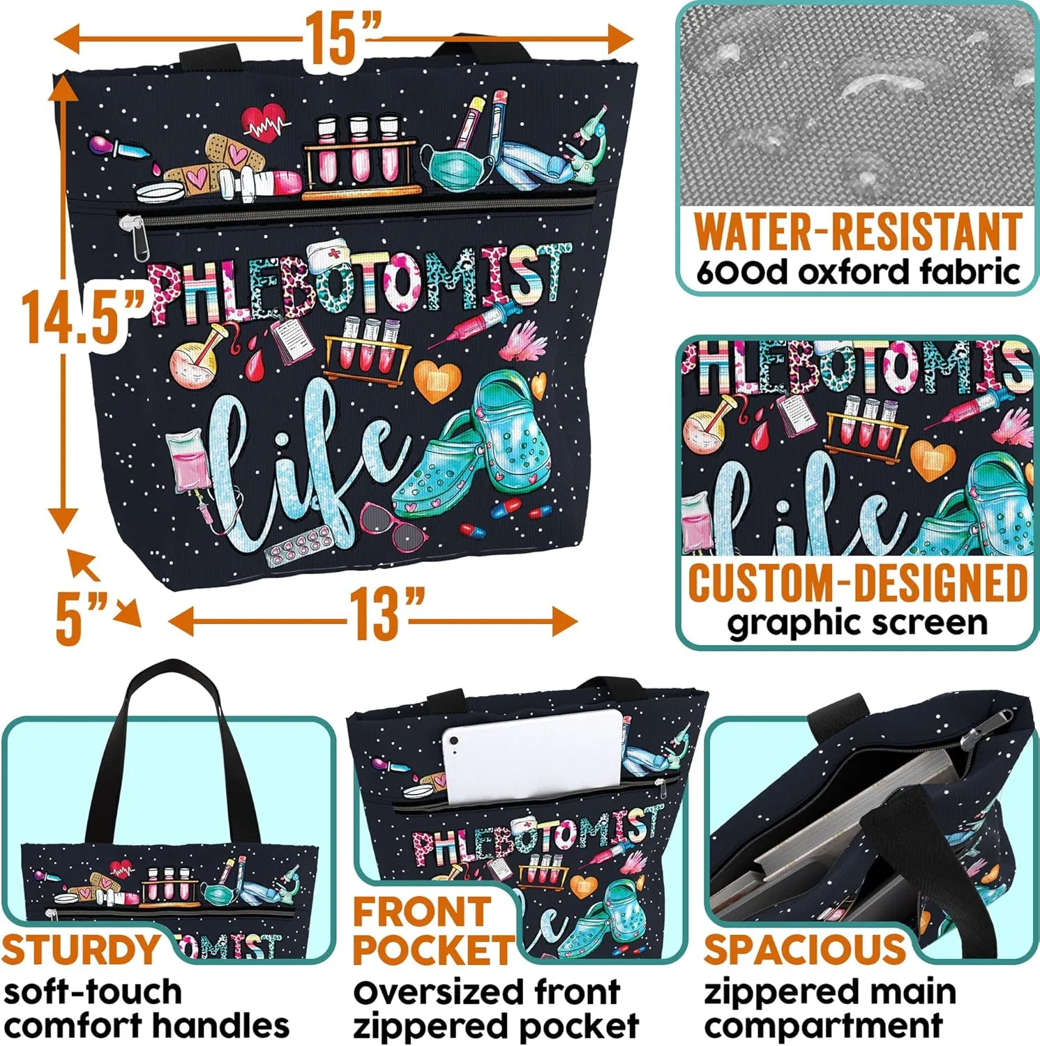 84hoods Large Waterproof Tote Bag with Pockets and Zipper for Work. Gift for Nurse. Shoulder Bag for Women.