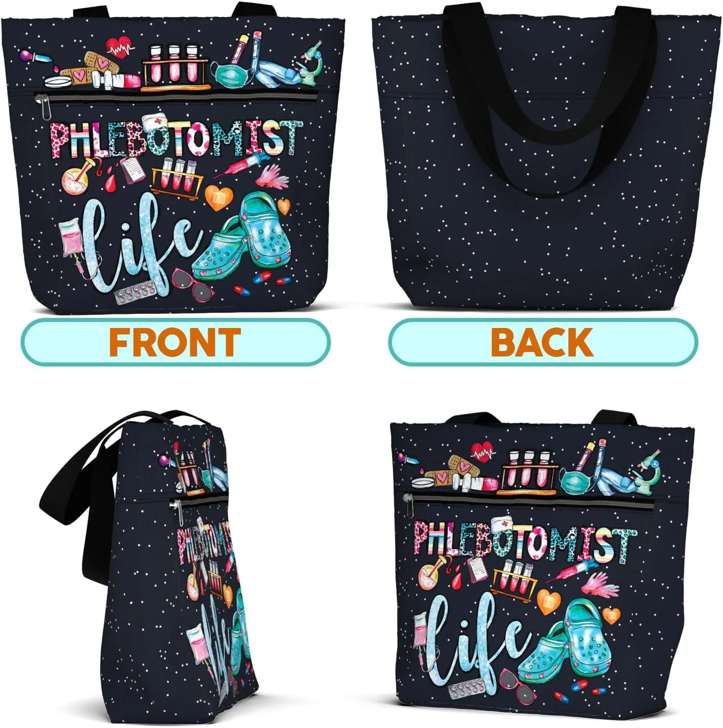 84hoods Large Waterproof Tote Bag with Pockets and Zipper for Work. Gift for Nurse. Shoulder Bag for Women.