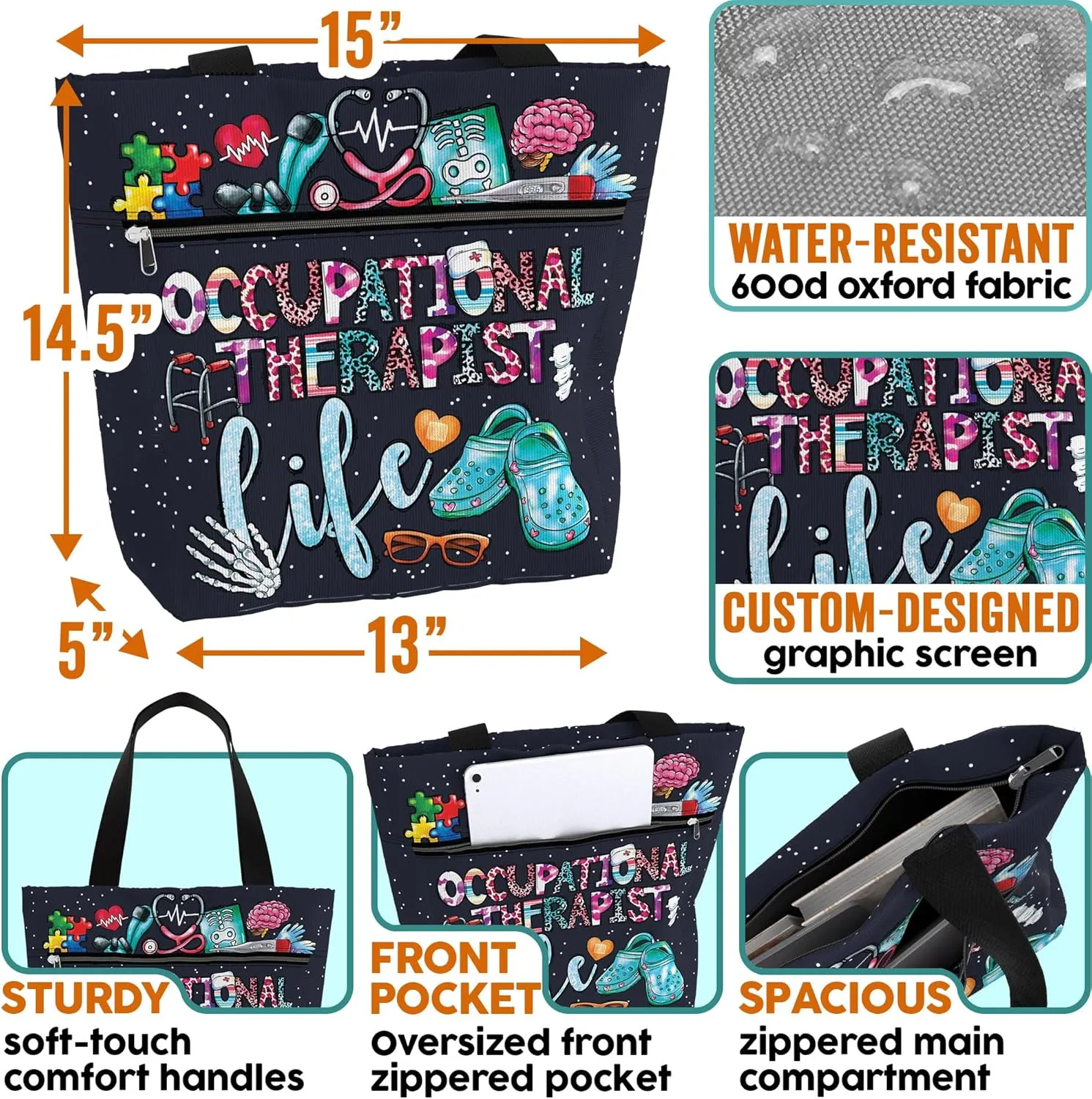 84hoods Large Waterproof Tote Bag with Pockets and Zipper for Work. Gift for Nurse. Shoulder Bag for Women.