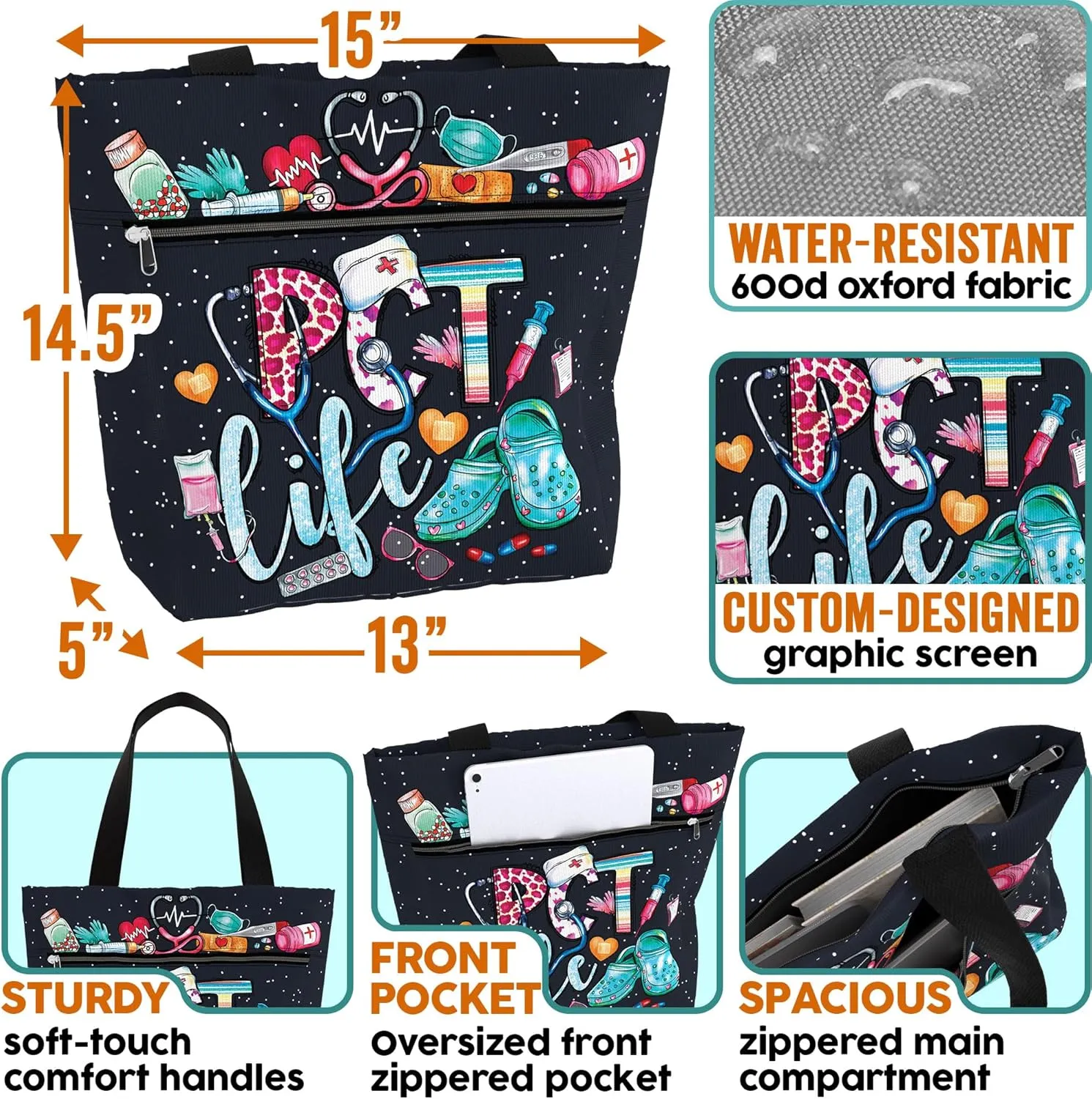84hoods Large Waterproof Tote Bag with Pockets and Zipper for Work. Gift for Nurse. Shoulder Bag for Women.