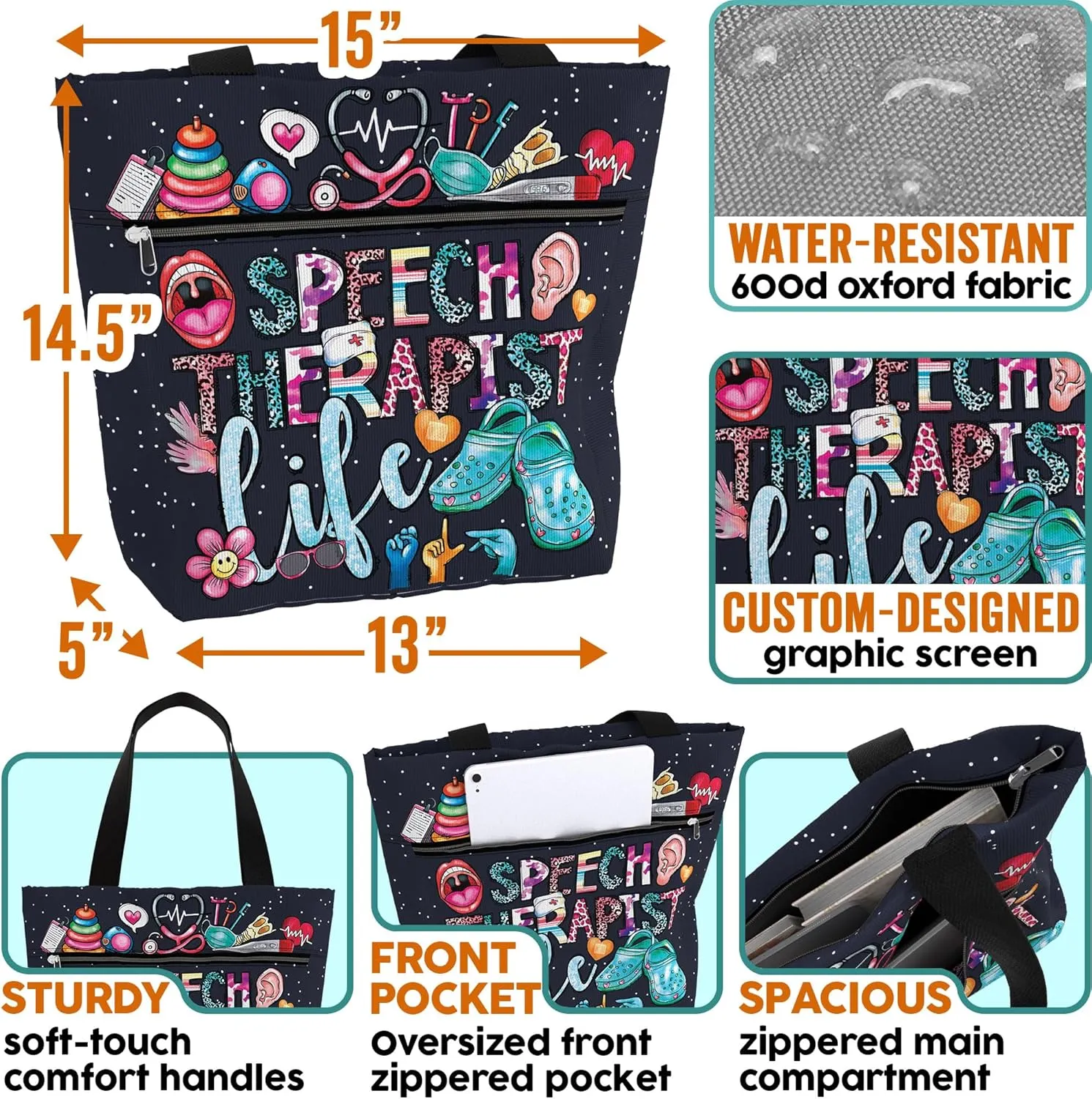 84hoods Large Waterproof Tote Bag with Pockets and Zipper for Work. Gift for Nurse. Shoulder Bag for Women.