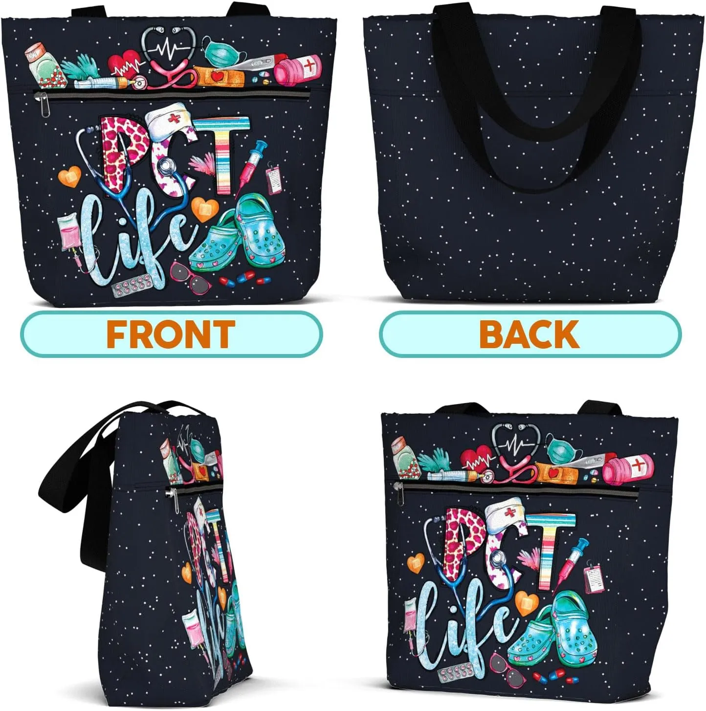 84hoods Large Waterproof Tote Bag with Pockets and Zipper for Work. Gift for Nurse. Shoulder Bag for Women.
