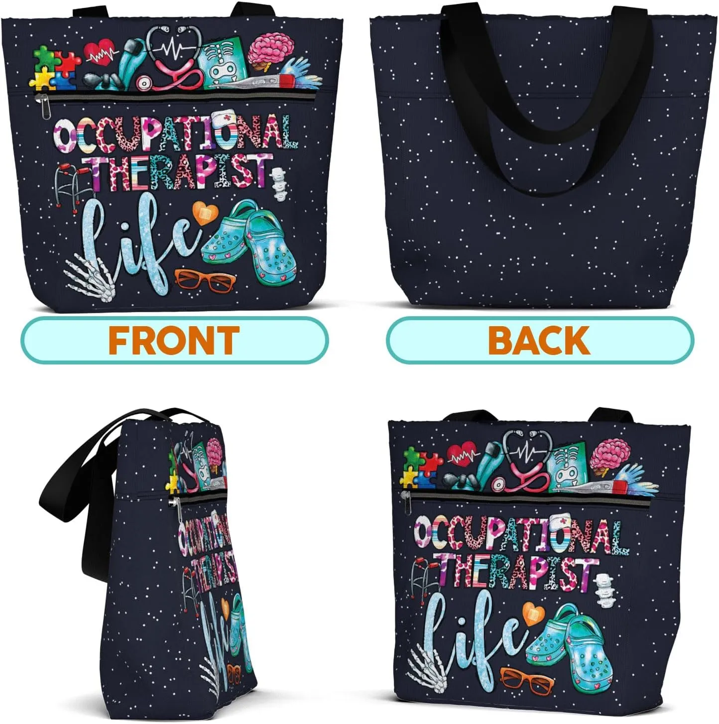 84hoods Large Waterproof Tote Bag with Pockets and Zipper for Work. Gift for Nurse. Shoulder Bag for Women.