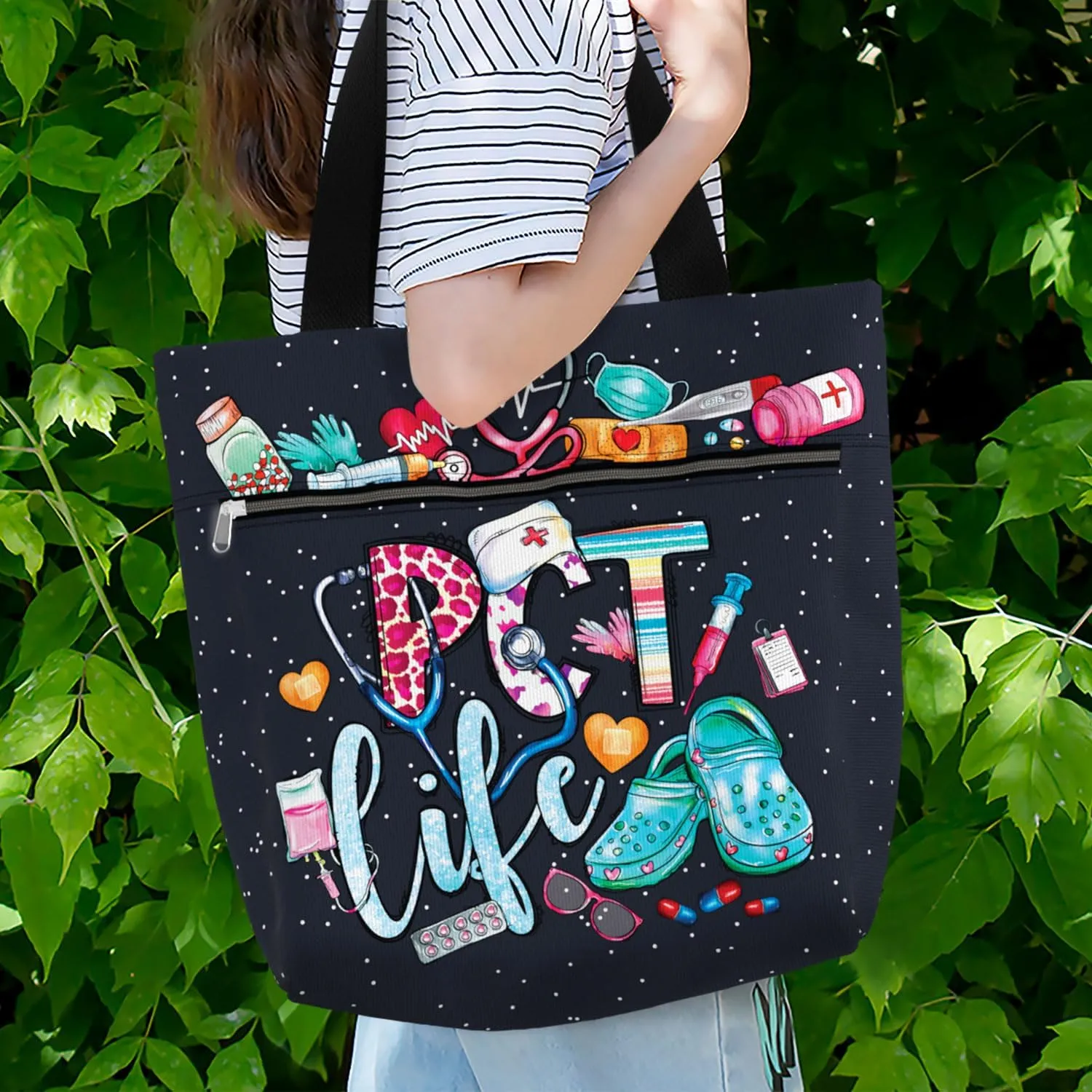 84hoods Large Waterproof Tote Bag with Pockets and Zipper for Work. Gift for Nurse. Shoulder Bag for Women.