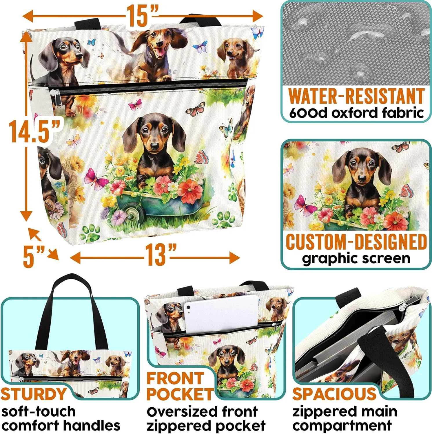 84hoods Large Waterproof Tote Bag with Pockets and Zipper for Work. Gift for Women Dachshund Lovers and Owners.