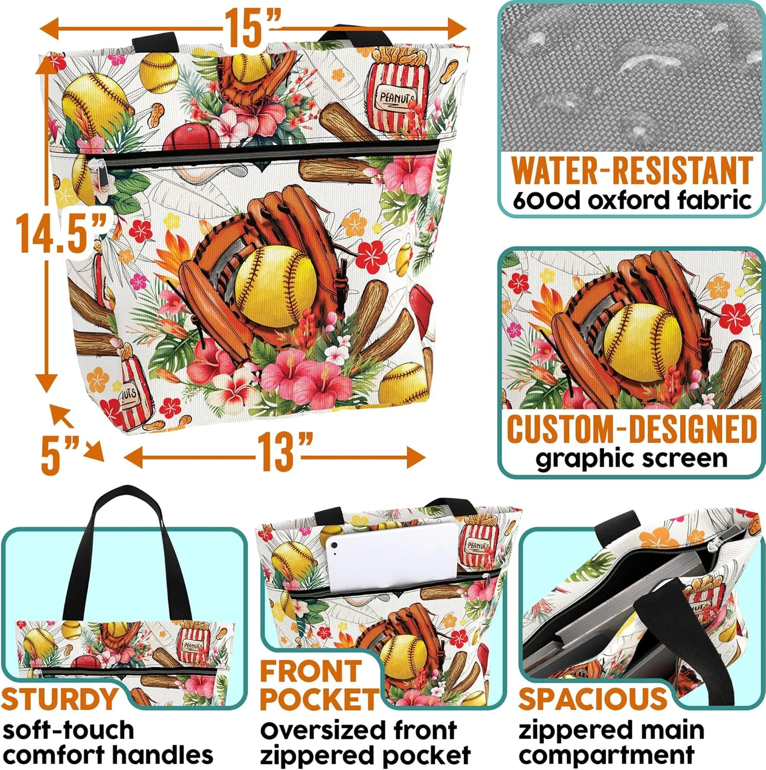 84hoods Waterproof Tote Bag with Pockets and Zipper for Work. Aesthetic Shoulder Bag for Women. Gift for Softball Player.