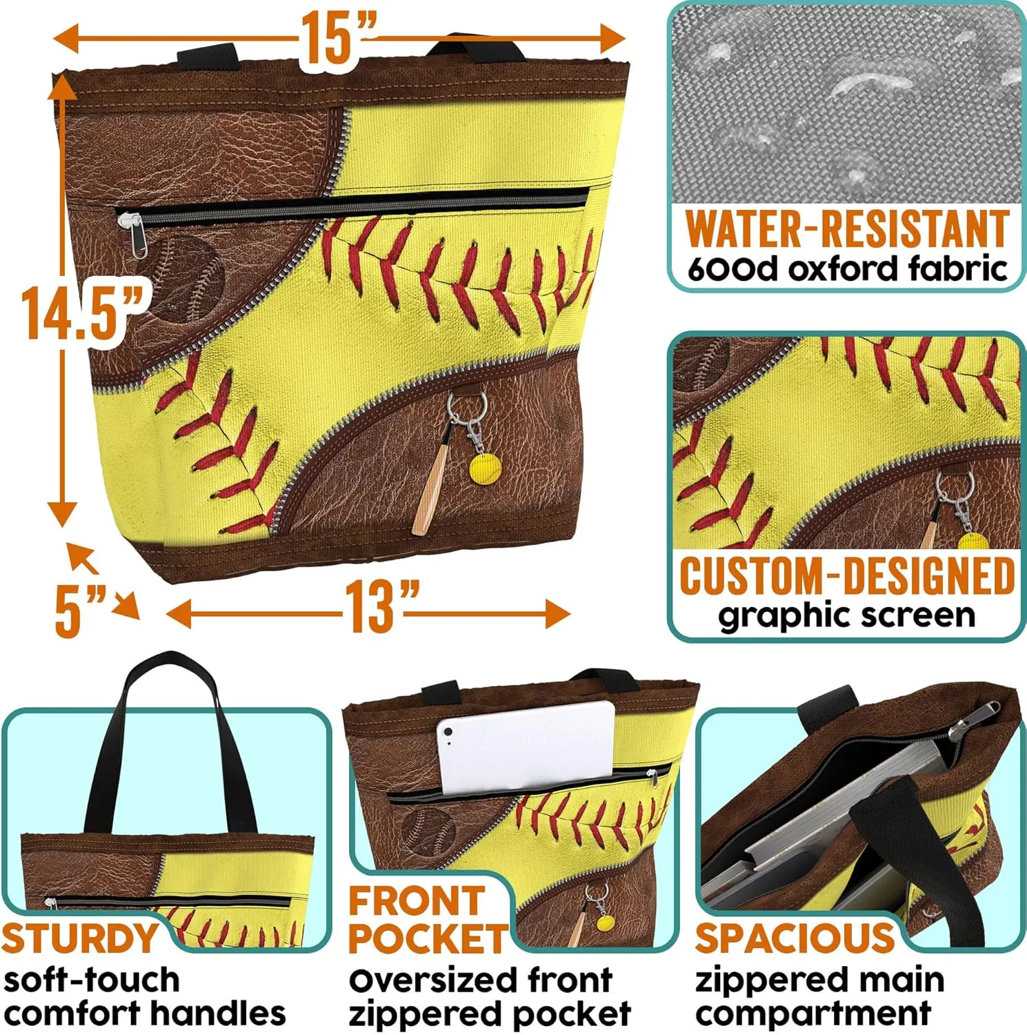 84hoods Waterproof Tote Bag with Pockets and Zipper for Work. Aesthetic Shoulder Bag for Women. Gift for Softball Player.