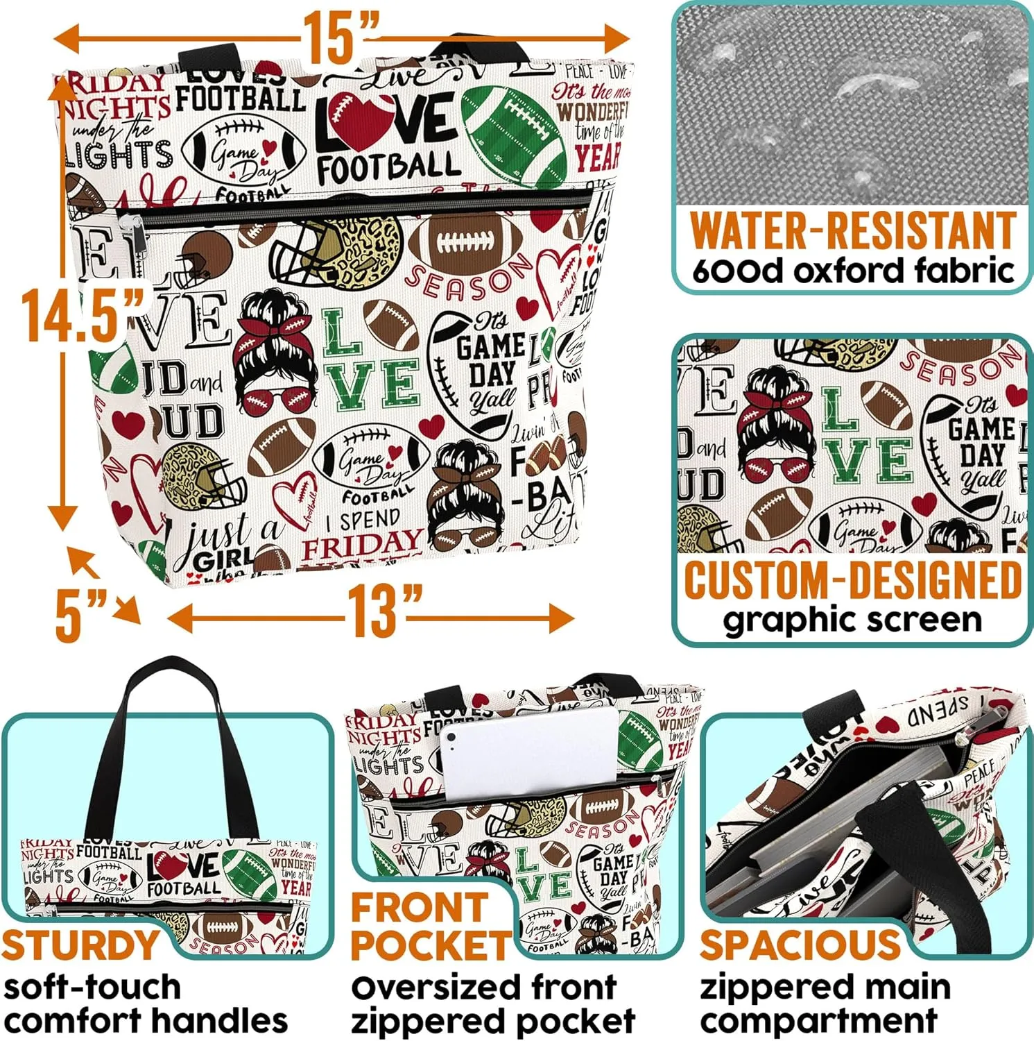 84hoods Waterproof Tote Bag with Pockets and Zipper for Work. Shoulder Bag for Women. Gift for Football Player Lover Fan.