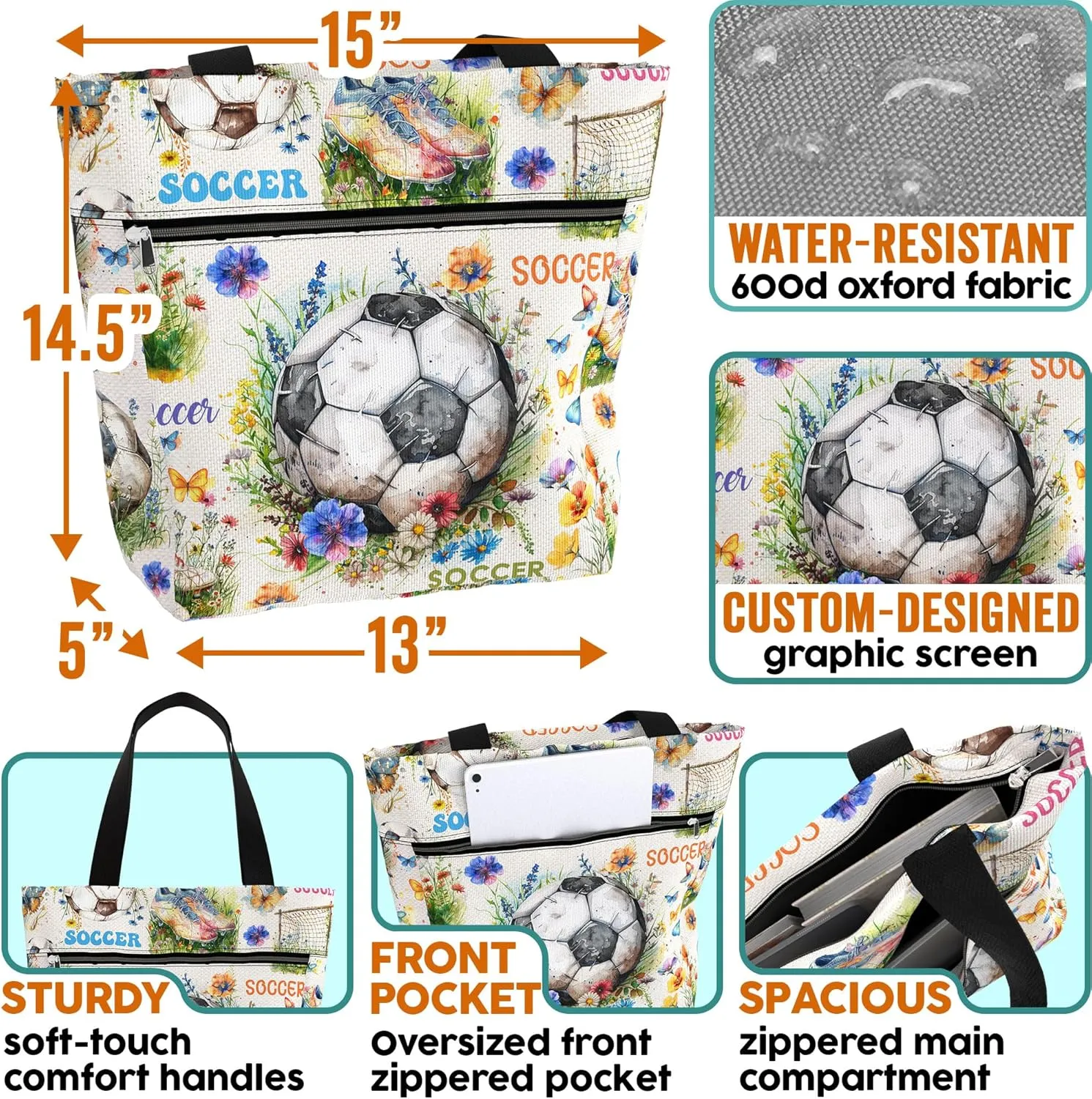 84hoods Waterproof Tote Bag with Pockets and Zipper for Work. Shoulder Bag for Women. Gift for Soccer Player Lover Fan.