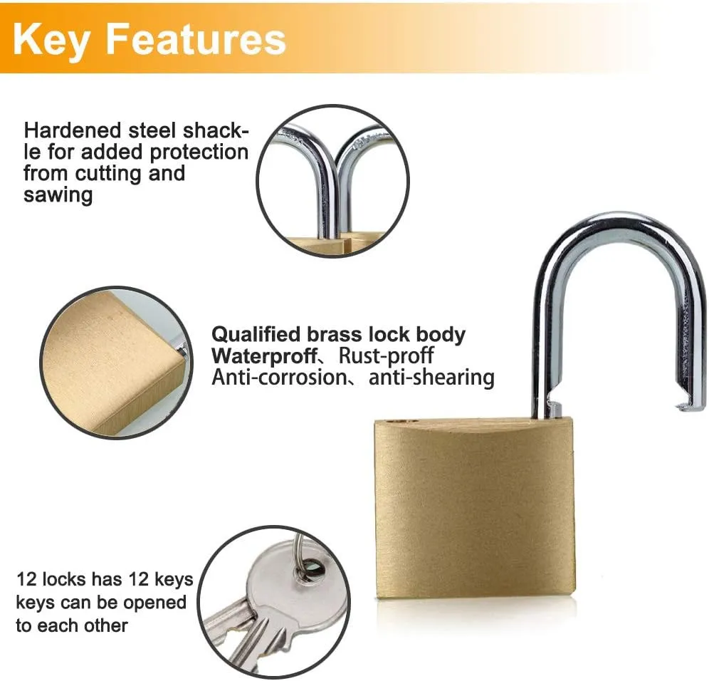 ABRAFOX Solid Brass Same Keyed Padlock keyed Alike Locks （1-9/16 inch 40mm-12pack