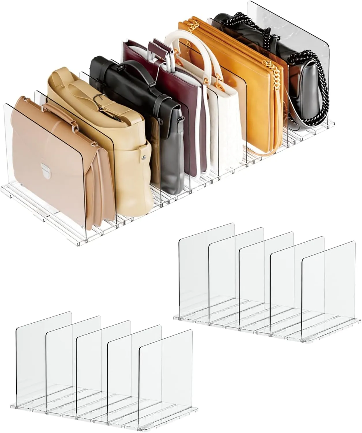 Adjustable Acrylic Purse Organizer for Closet - Handbag Storage Shelf with Dividers, Clear Multi-Use for Purses, Bags, Office/Kitchen for Women (Extended Base 5 partitions 2set, Rectangle)