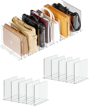 Adjustable Acrylic Purse Organizer for Closet - Handbag Storage Shelf with Dividers, Clear Multi-Use for Purses, Bags, Office/Kitchen for Women (Extended Base 5 partitions 2set, Rectangle)